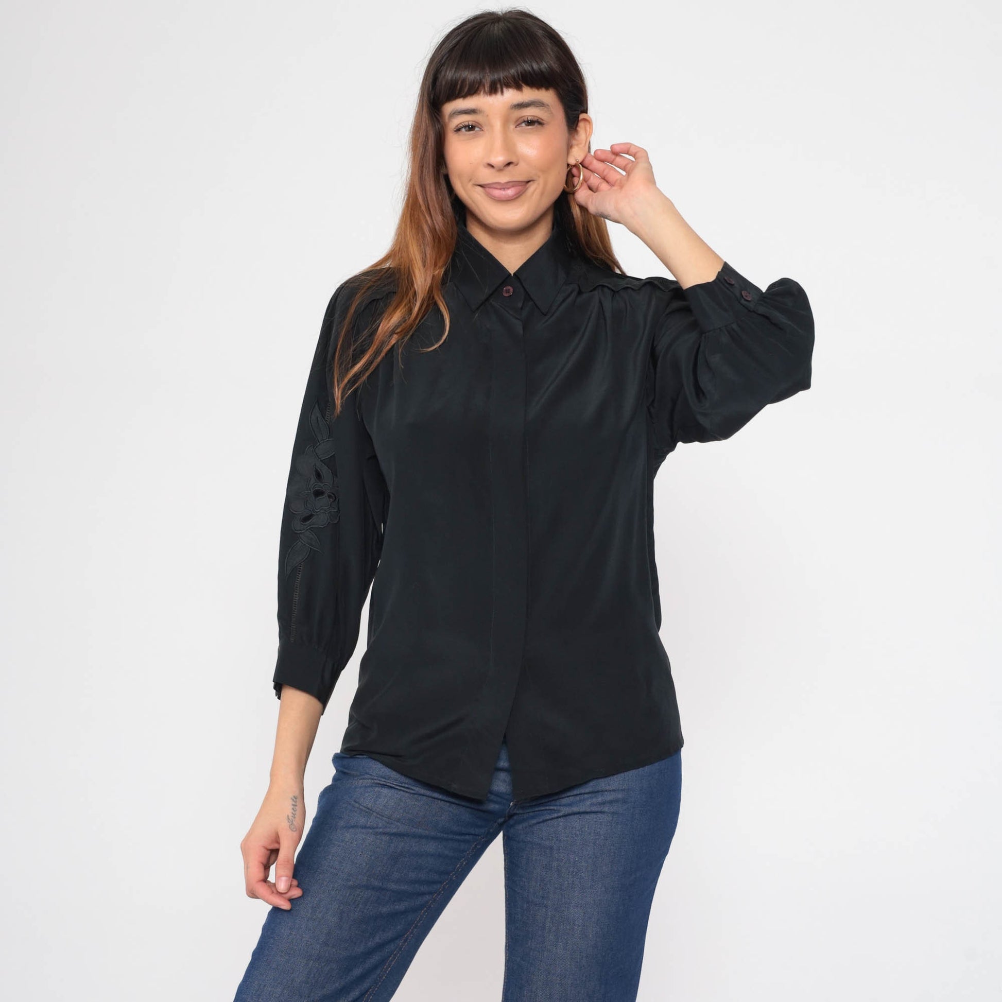80s Black Floral Embroidered Blouse Cutout 3/4 Sleeve Button-Up Small
