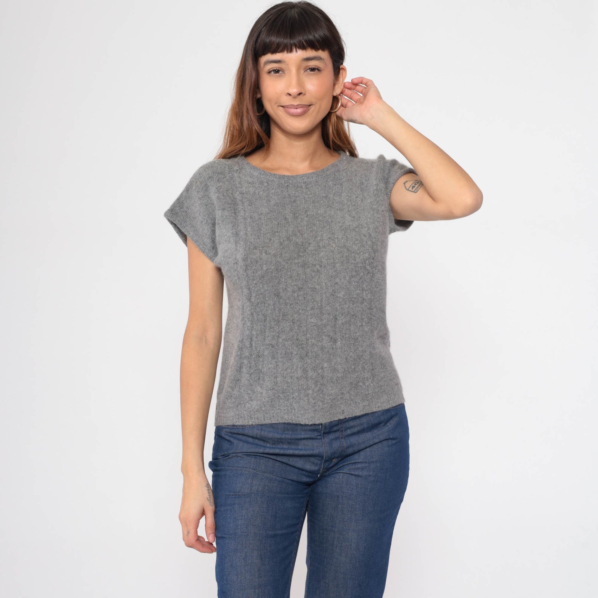 80s Grey Lambswool Angora Cap Sleeve Knit Sweater Top Small S