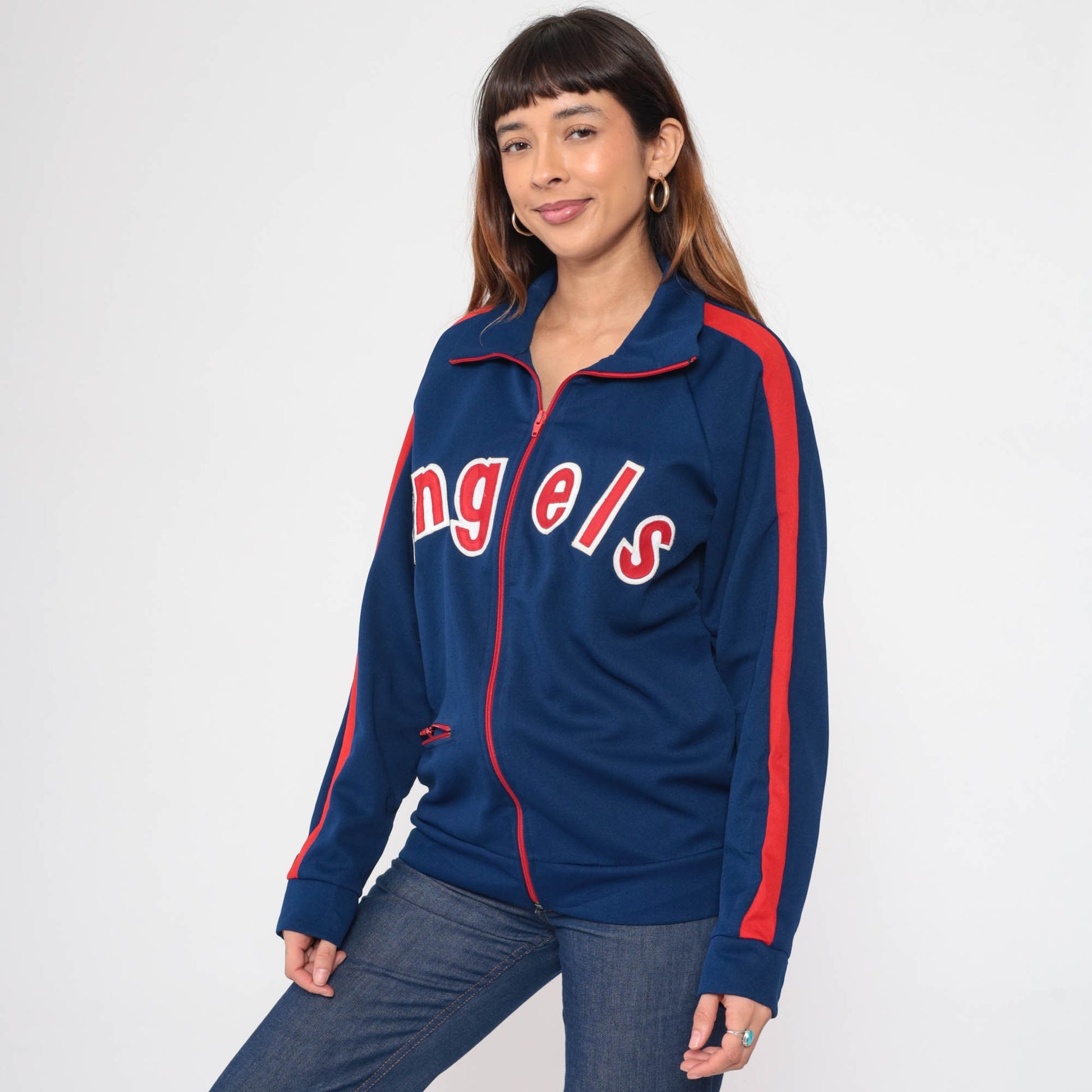 80s Los Angeles Angels Baseball Jacket Dark Blue Red Stripe Wool Blend Small