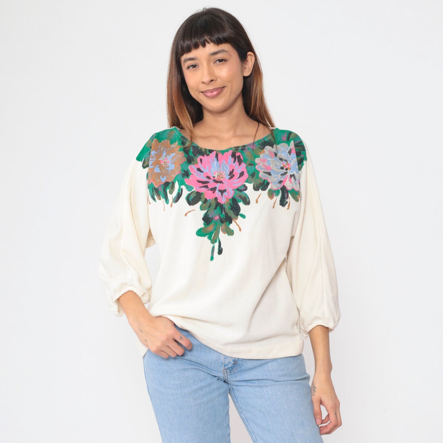 80s Cream Floral Peasant Blouse 3/4 Balloon Sleeve Painted Flower Print Large
