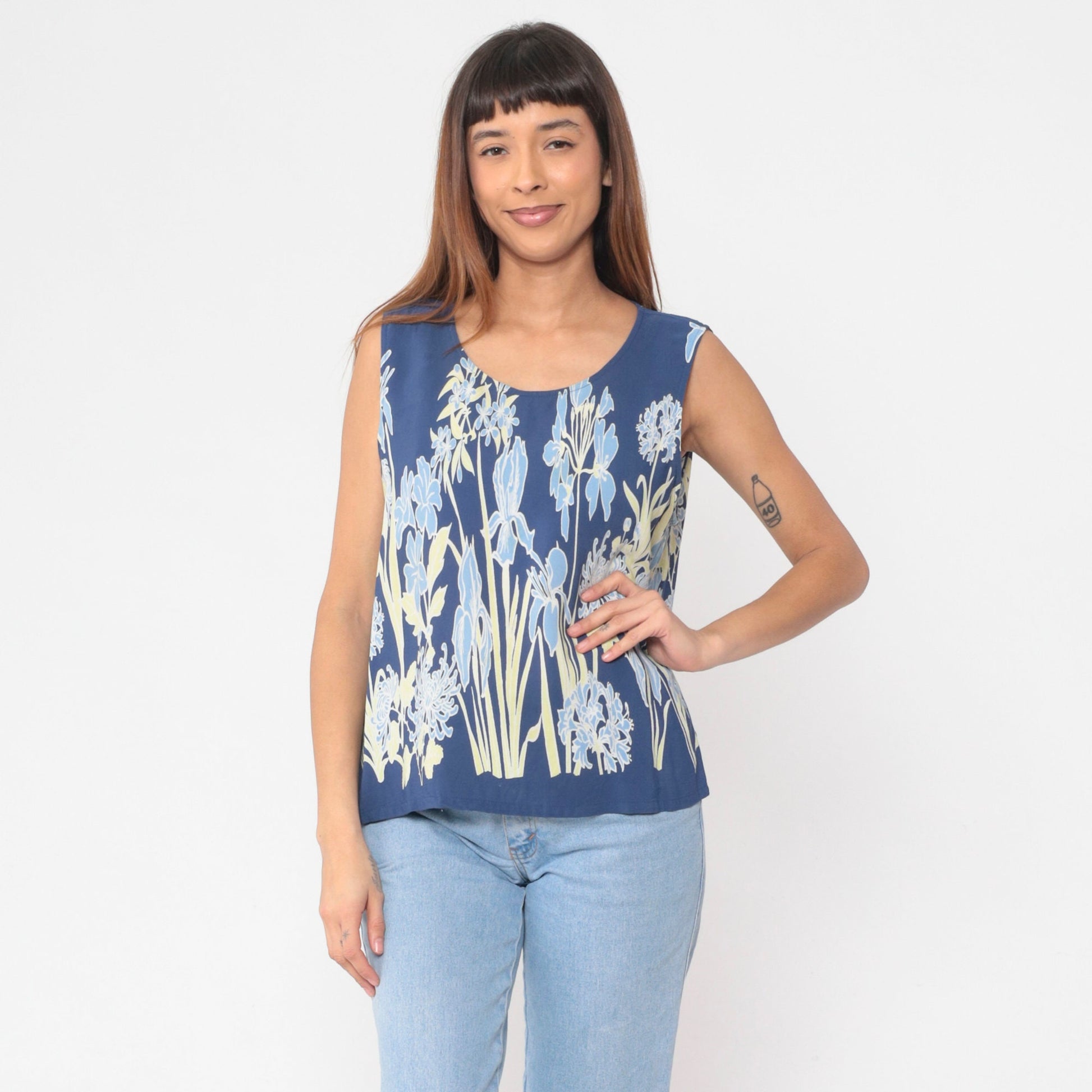 90s Blue Iris Floral Tank Top Sleeveless Blouse Extra Large XXL