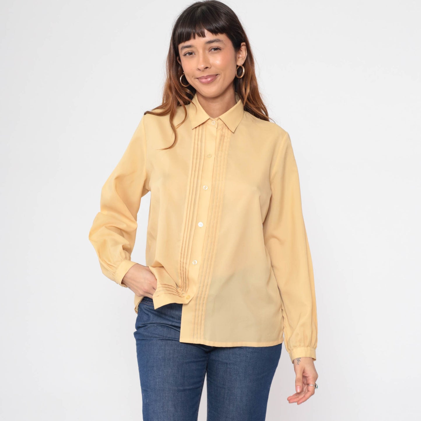 80s Yellow Pleated Button-Up Blouse Long Sleeve Collared Shirt Large L