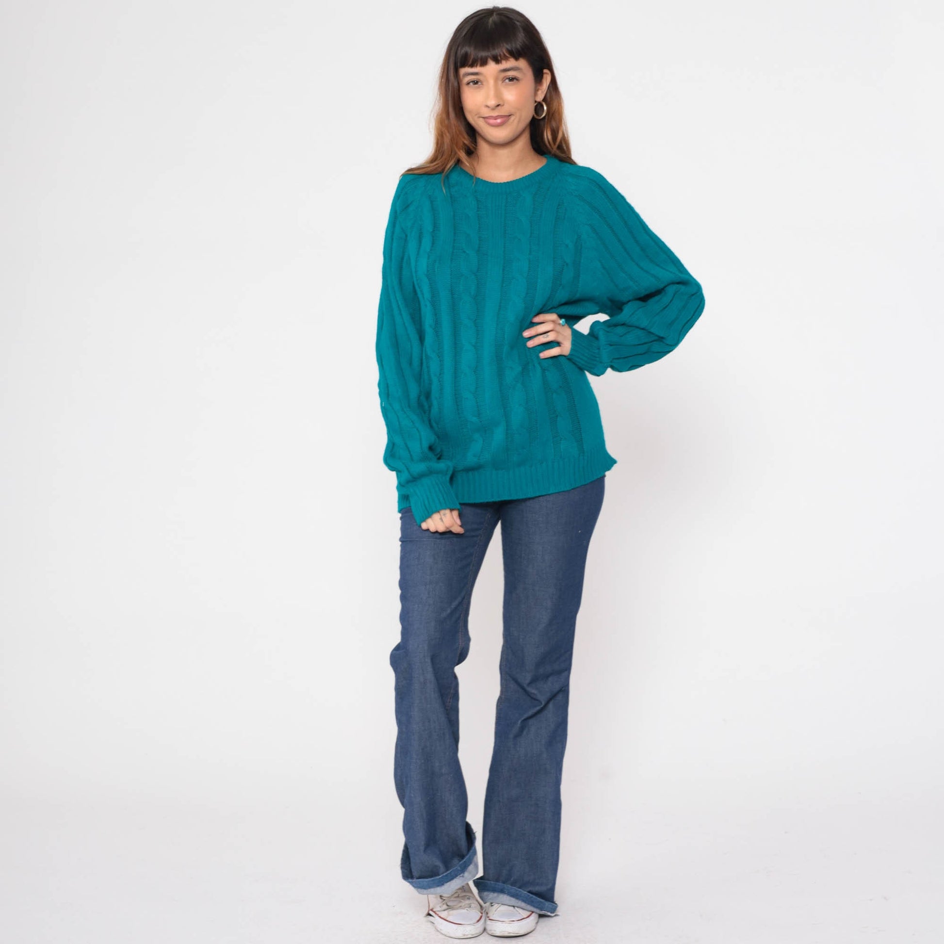80s Wrangler Teal Cable Knit Crewneck Sweater Raglan Sleeve Medium