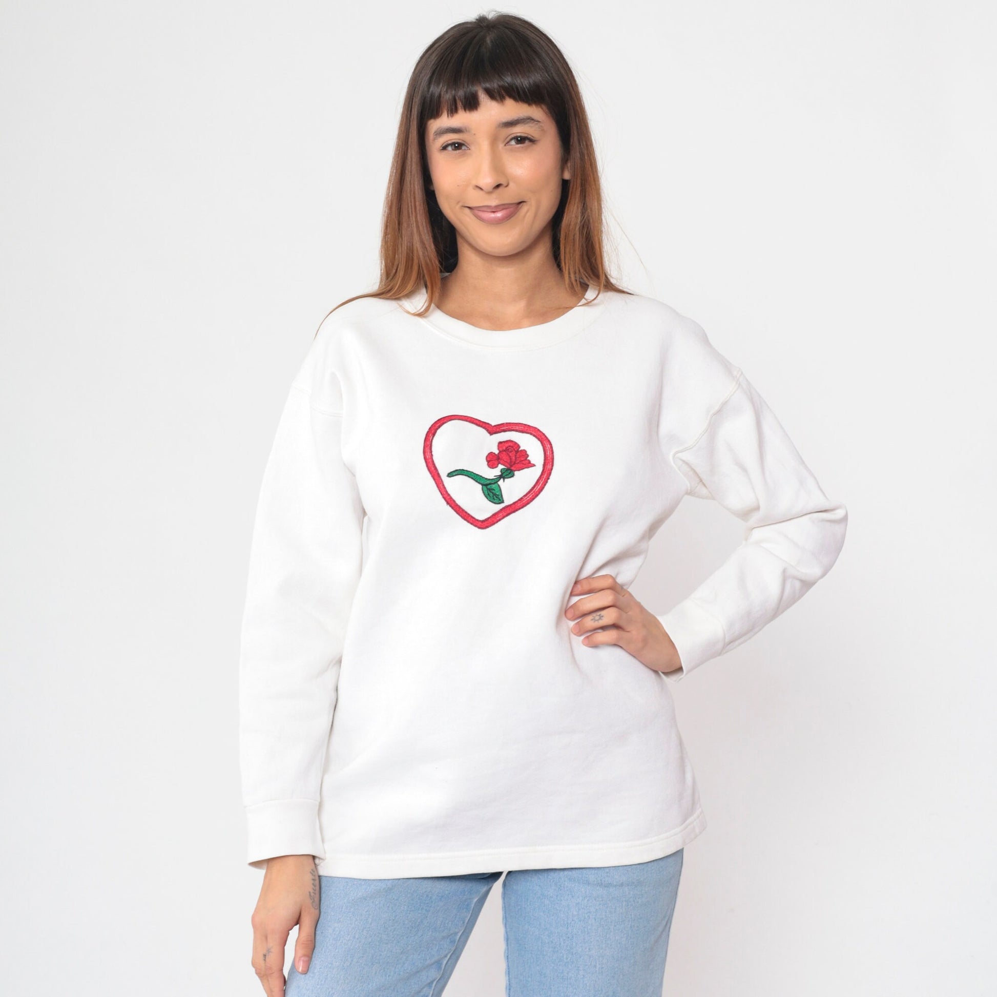 80s Heart Rose Embroidered Long Sleeve Shirt White Floral Top Large