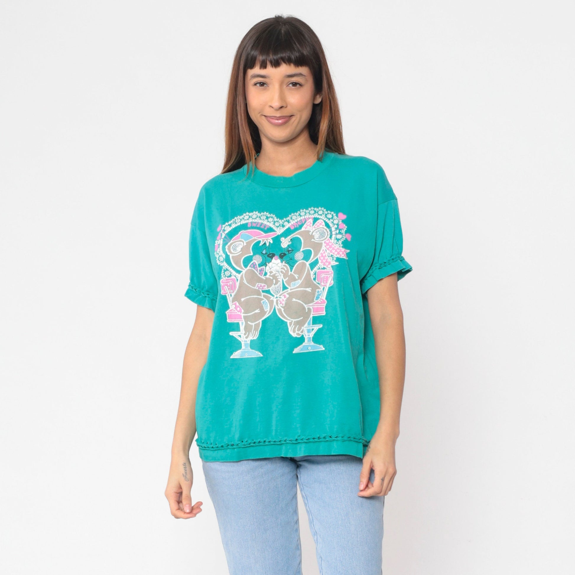 90s Bears in Love Ice Cream Graphic T-Shirt Teal Braided Trim Extra Large XL