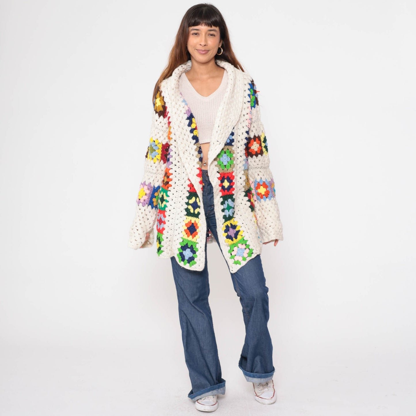 70s Crochet Cardigan Sweater Granny Square Afghan Knit Open Front Off-White Extra Large
