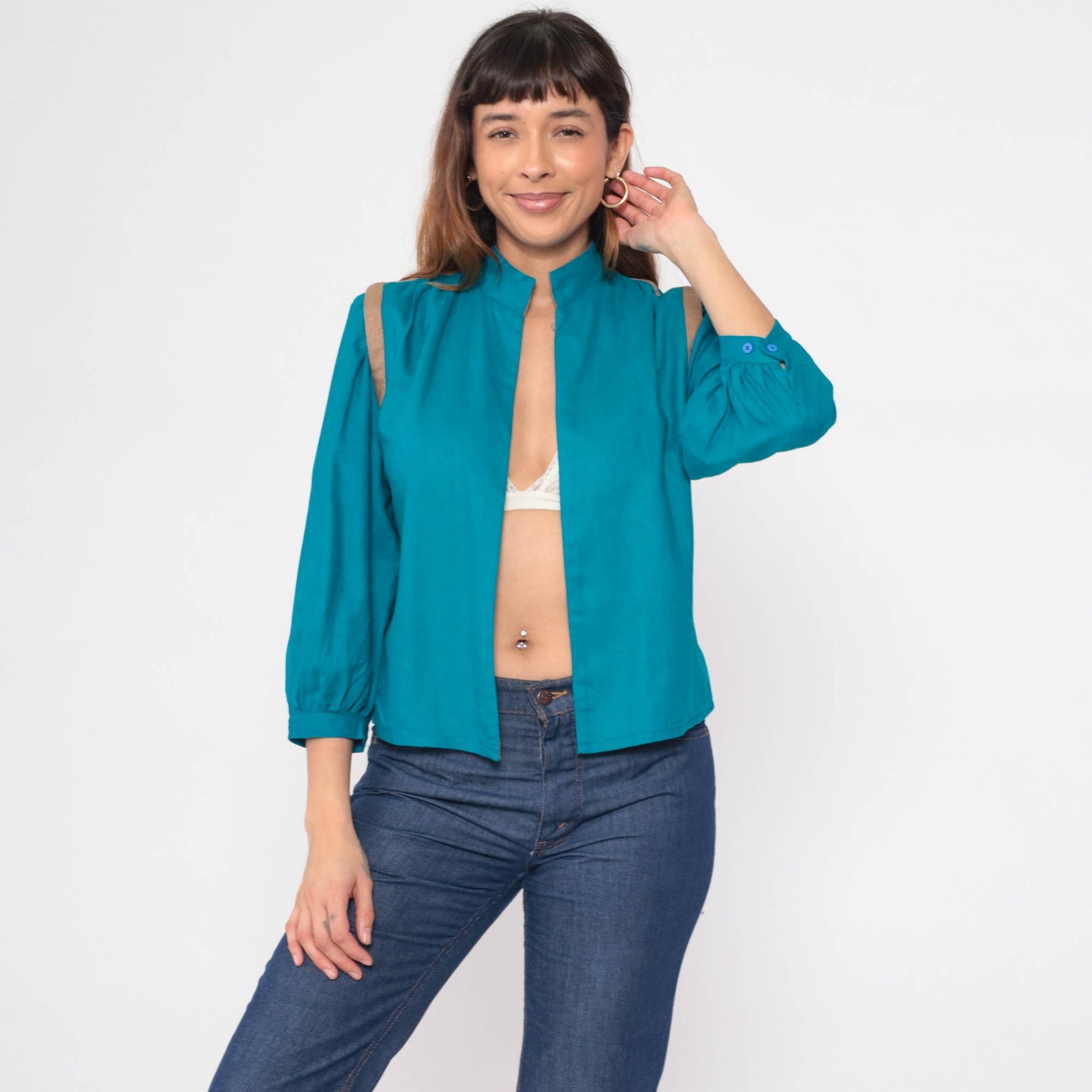 80s Teal Silk Noil Jacket Puff Sleeve Mandarin Collar Open Front Small