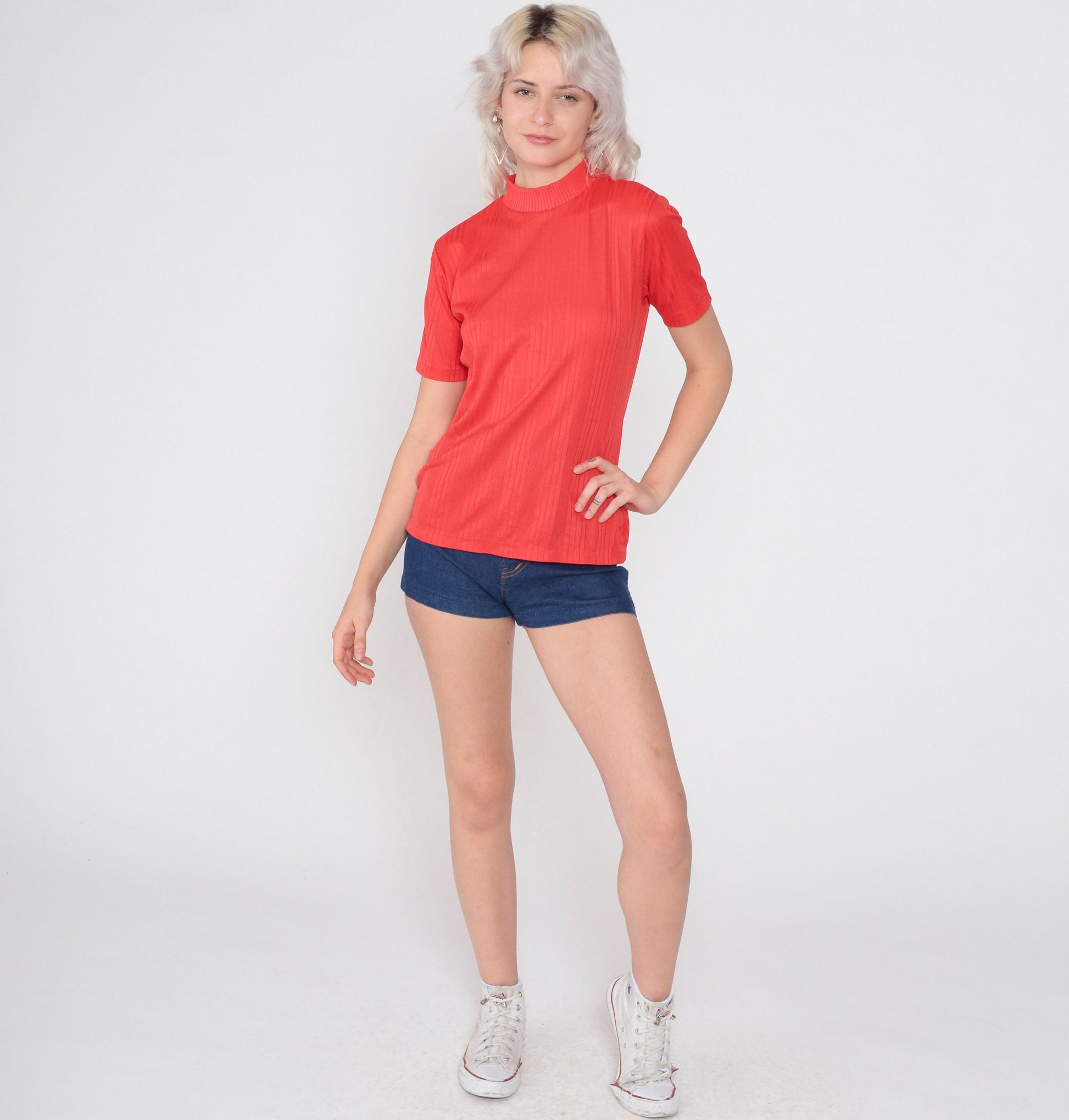 70s Red Mock Neck Ribbed Short Sleeve Blouse Small S