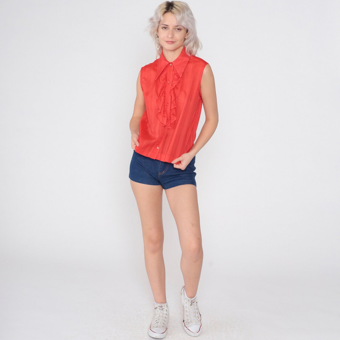 70s Red Striped Tank Top Dagger Collar Ruffle Front Button-Up Medium