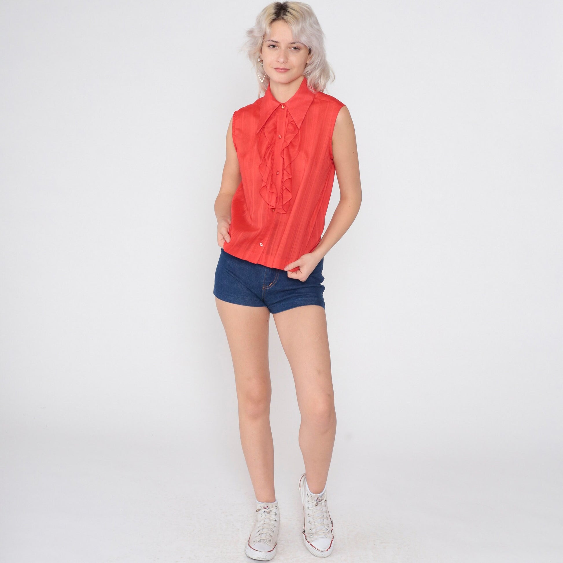 70s Red Striped Tank Top Dagger Collar Ruffle Front Button-Up Medium