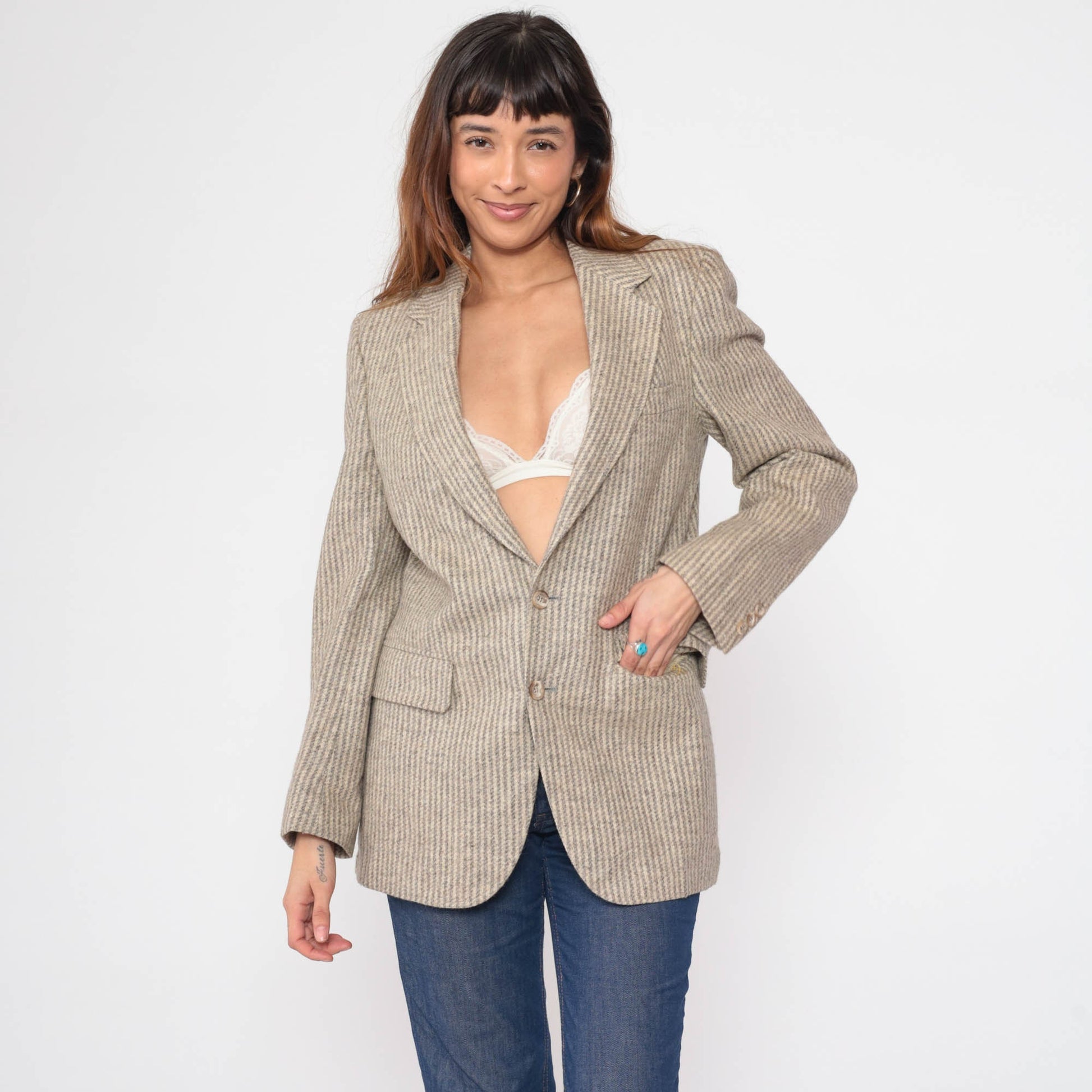 80s Striped Wool Blend Blazer Grey Beige Tailored Button-Up Small