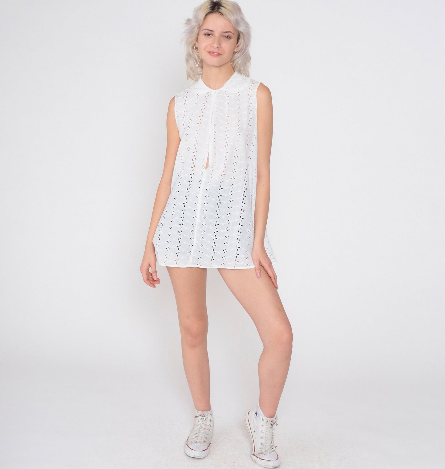 80s Charmode White Eyelet Tank Top Peter Pan Collar Cutout Tunic Extra Small