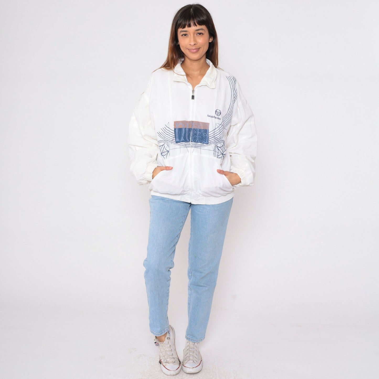 Sergio Tacchini 90s White Geometric Windbreaker Jacket Large L