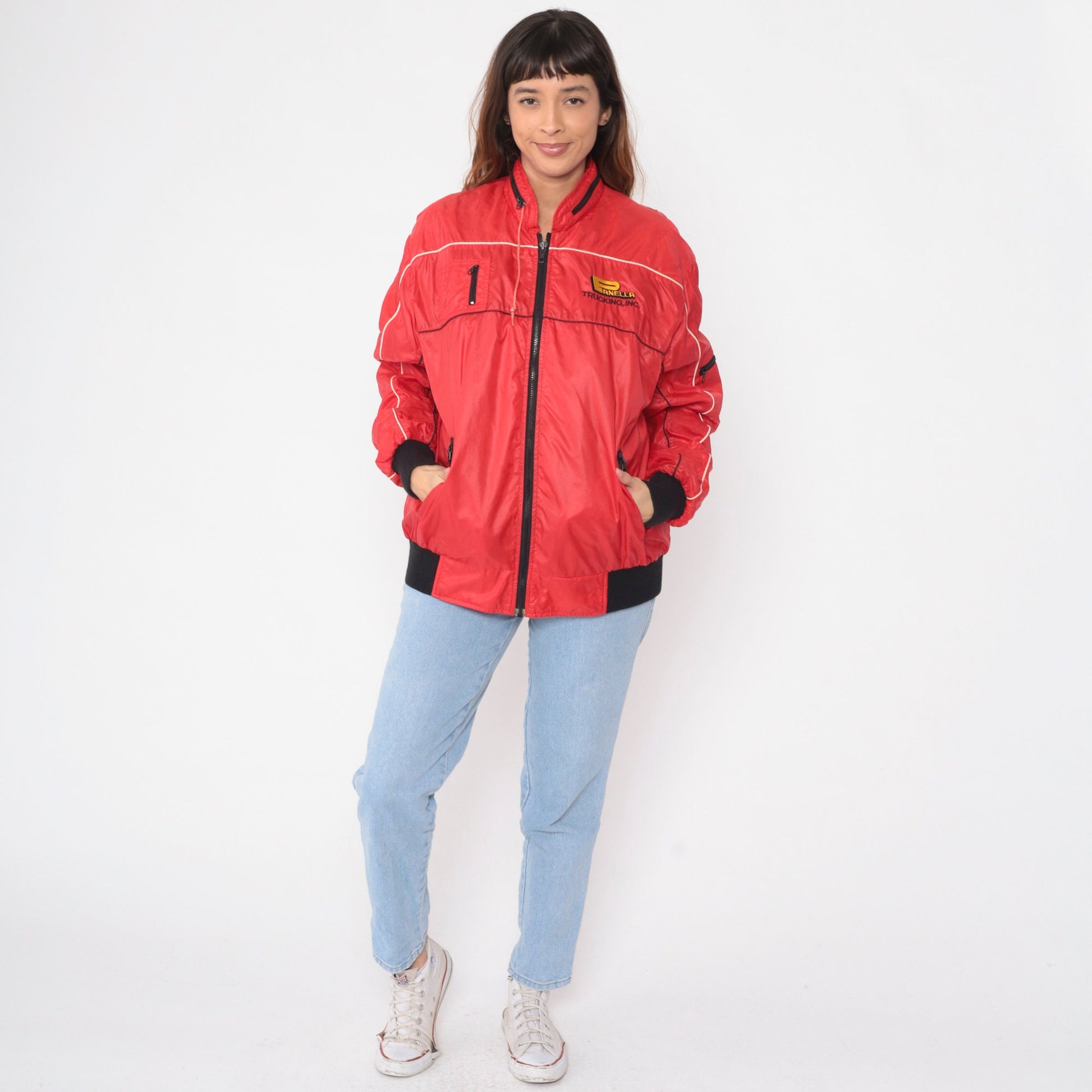 80s Panella Trucking Jacket Red Nylon Zip Hood Workwear XXL