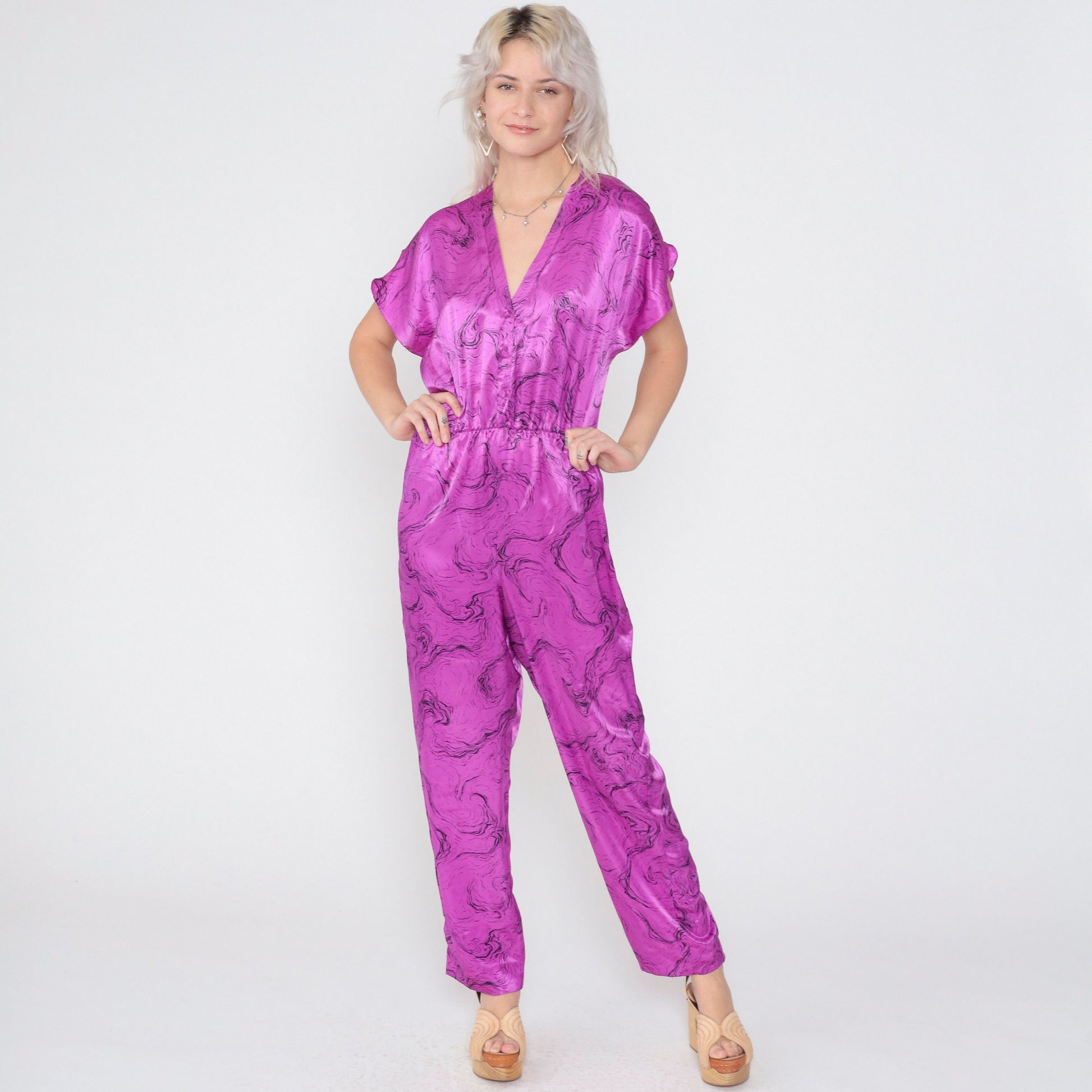 80s Purple Marble Jumpsuit Shiny High-Waisted Tapered V-Neck Small