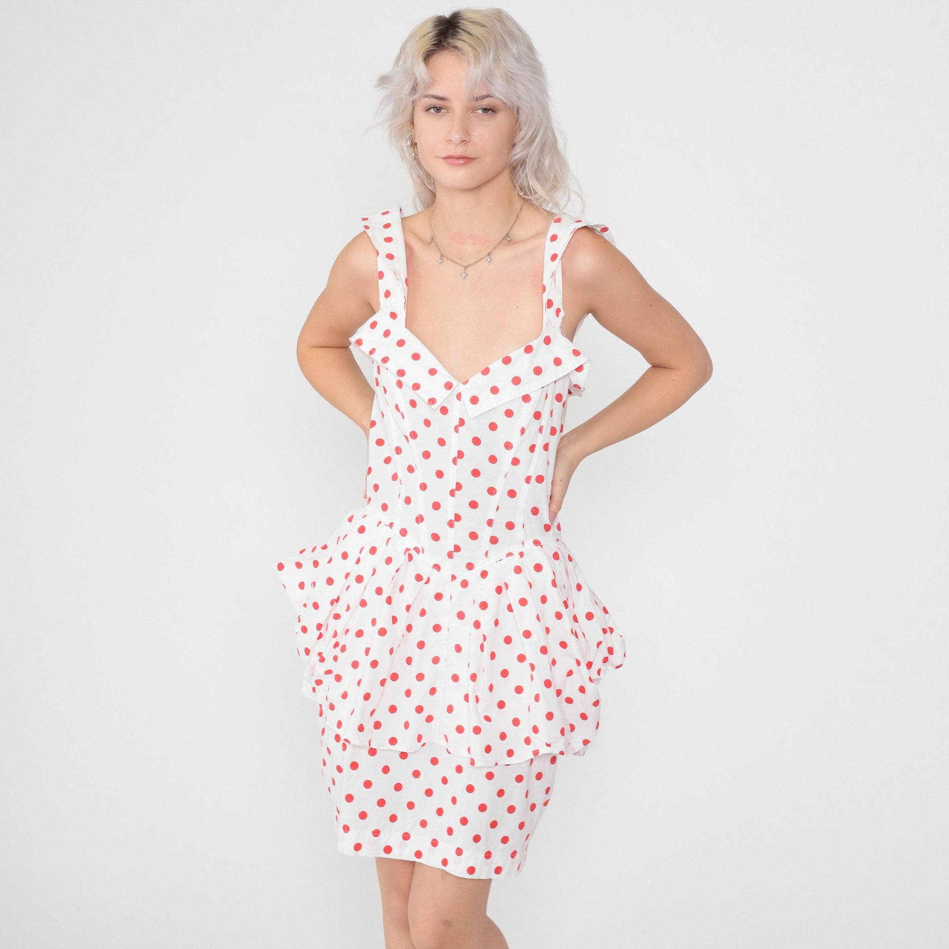 80s Karen Alexandra Polka Dot Mini Dress High Waist Peplum White Red Small