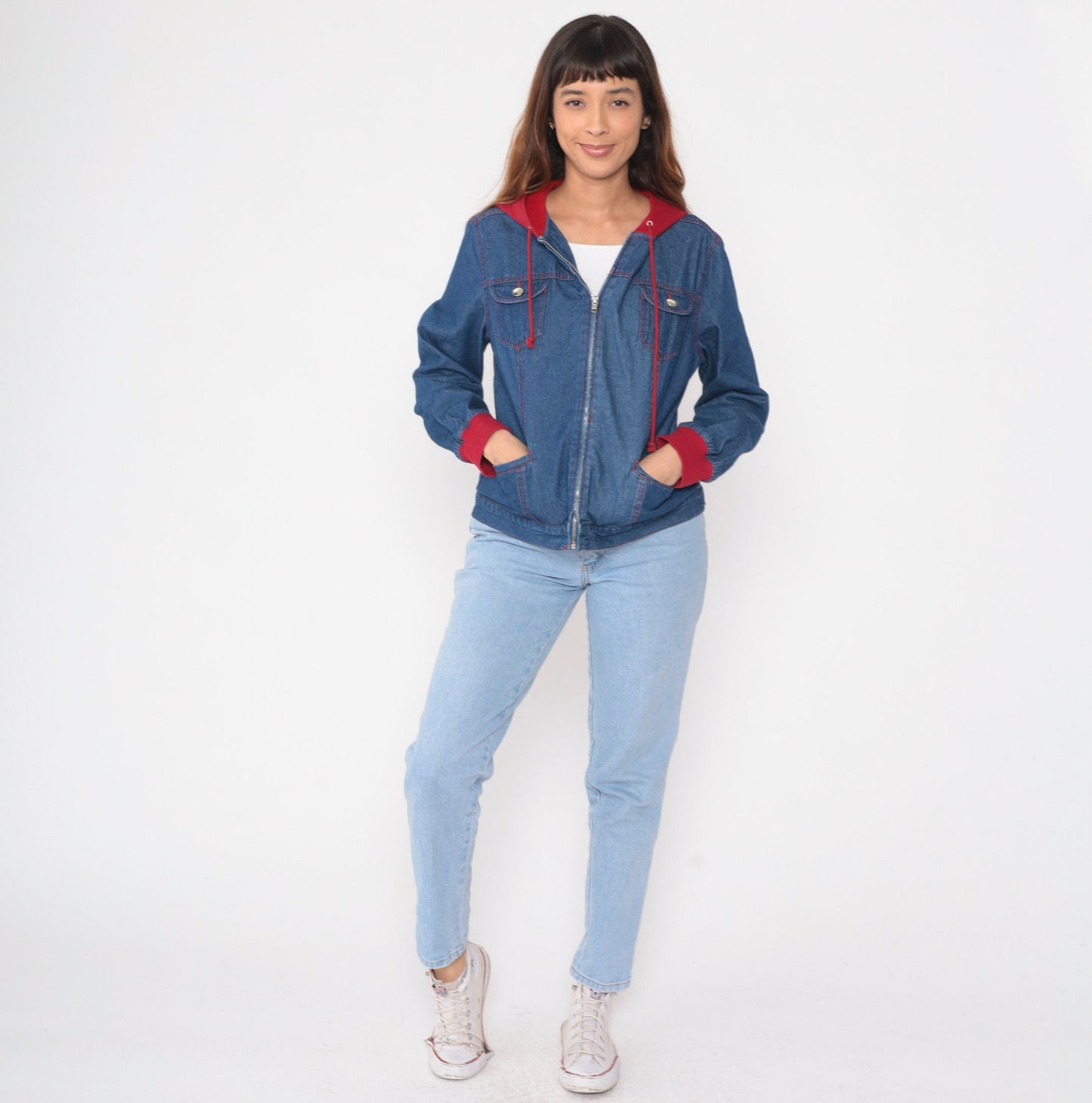 90s Forenza Hooded Denim Jacket Blue Red Sweatshirt Hood Zip Medium