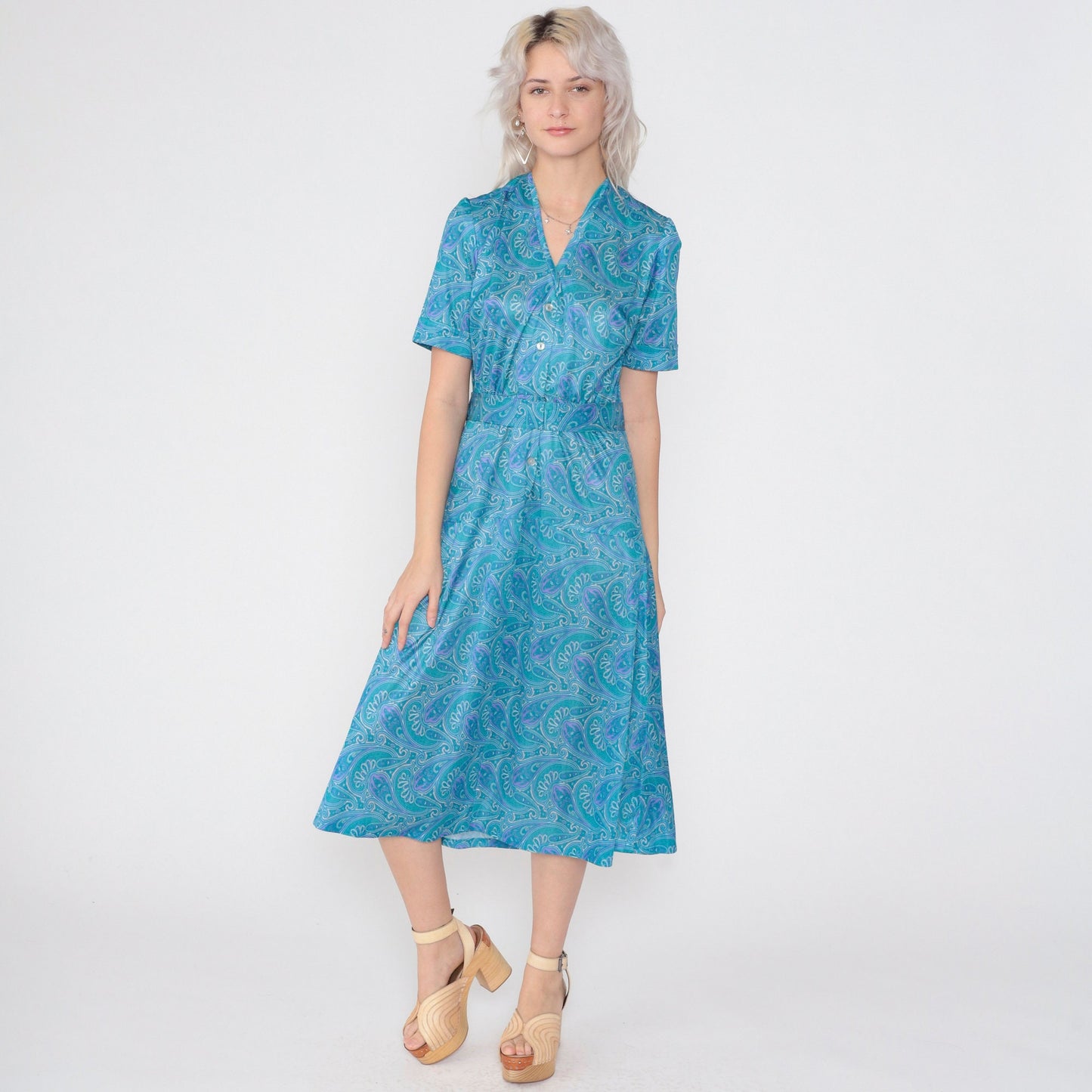 70s Blue Paisley Midi Dress Button-Up Shirtwaist High Waisted Medium