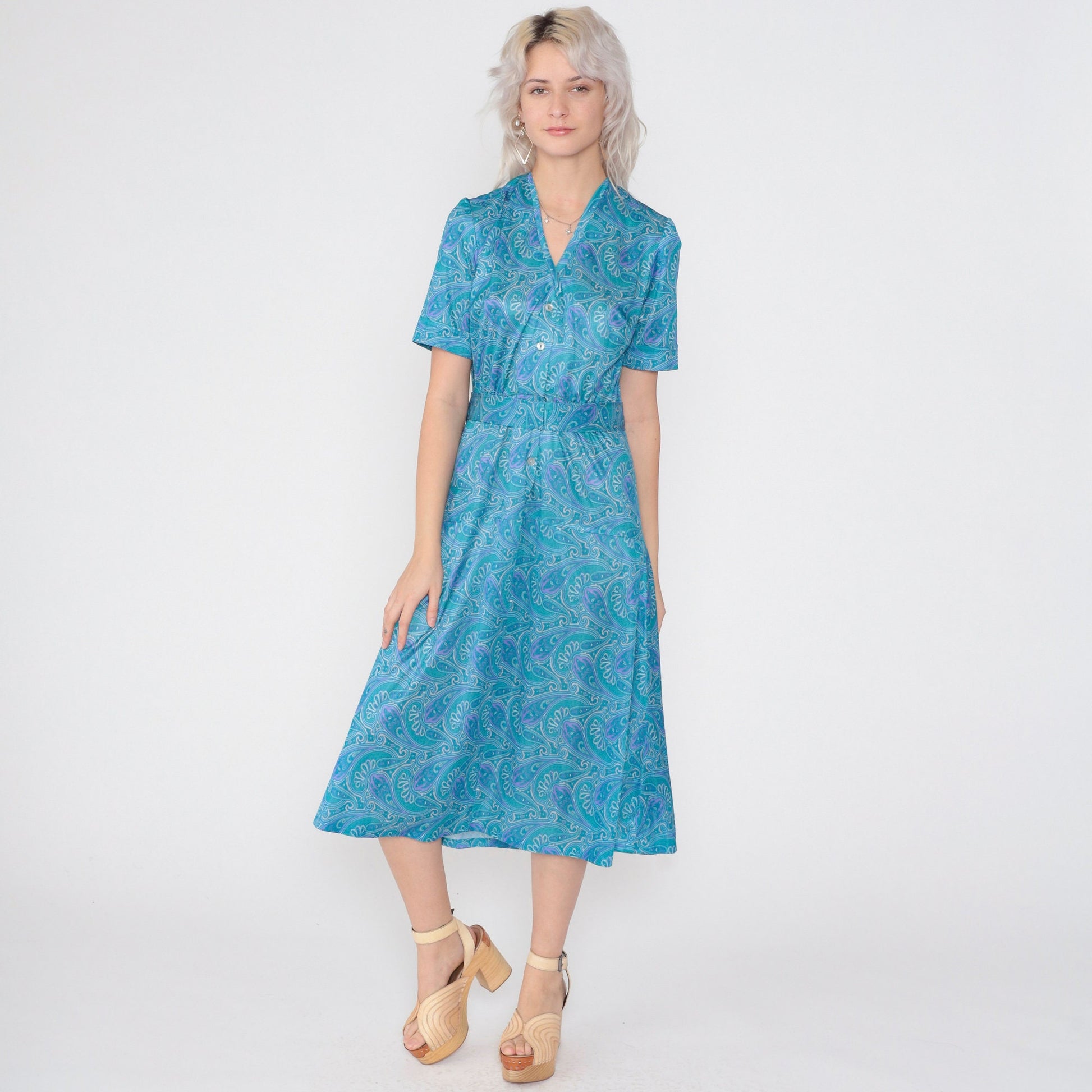 70s Blue Paisley Midi Dress Button-Up Shirtwaist High Waisted Medium