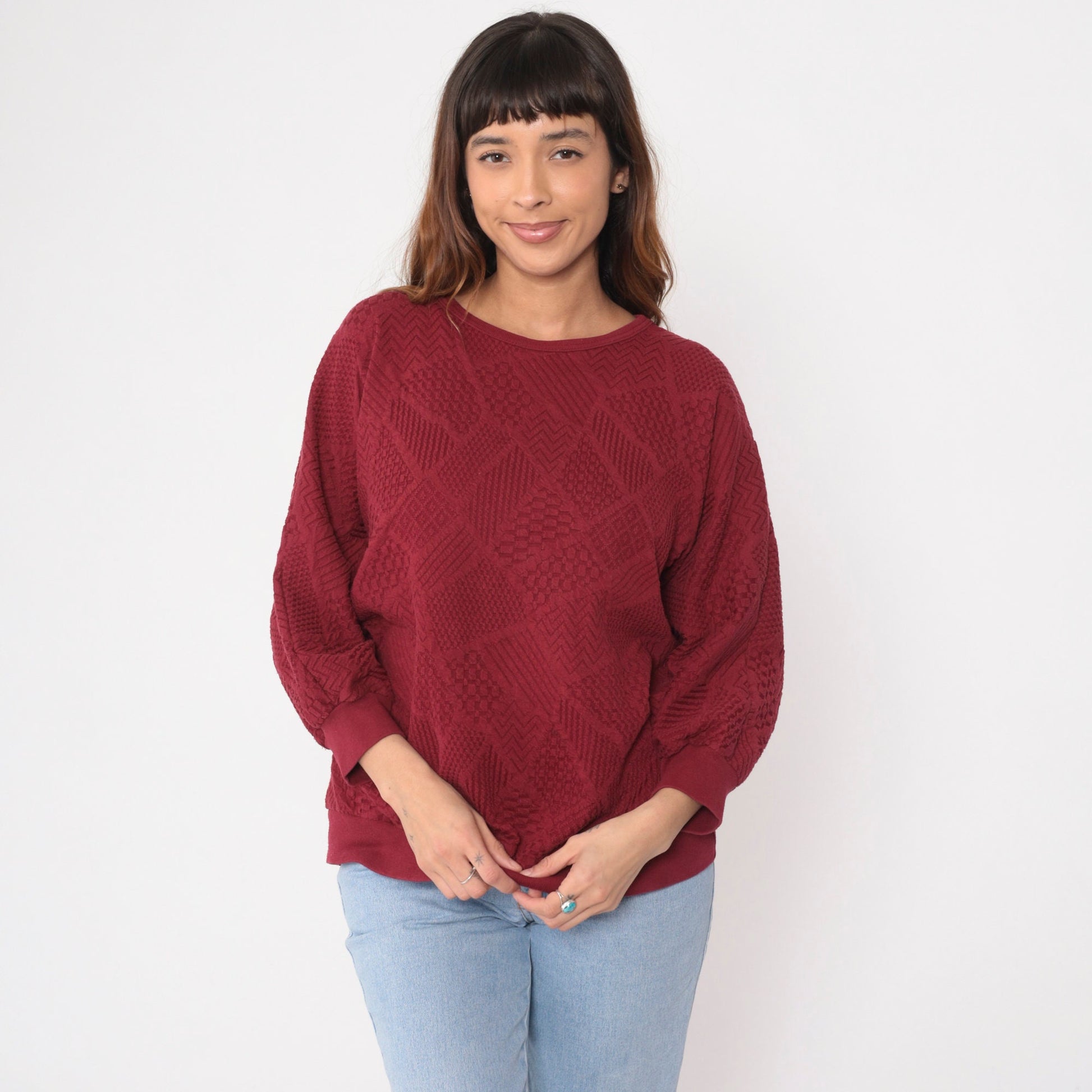 80s Dolman Sleeve Patchwork Top Deep Red Textured Crewneck Extra Large XXL