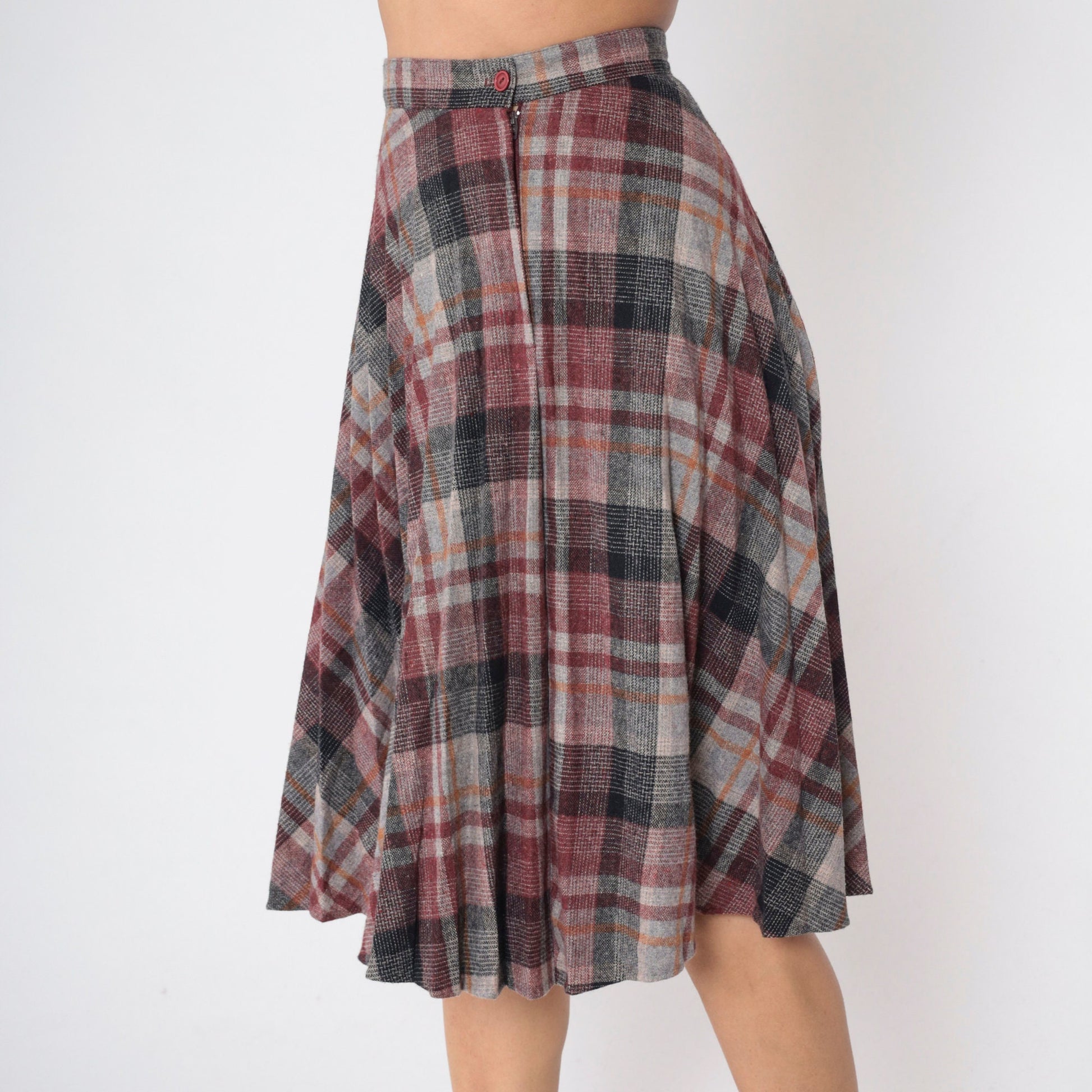 80s Plaid Wool Blend Pleated Skirt High Waist Knee Length Red Grey Small
