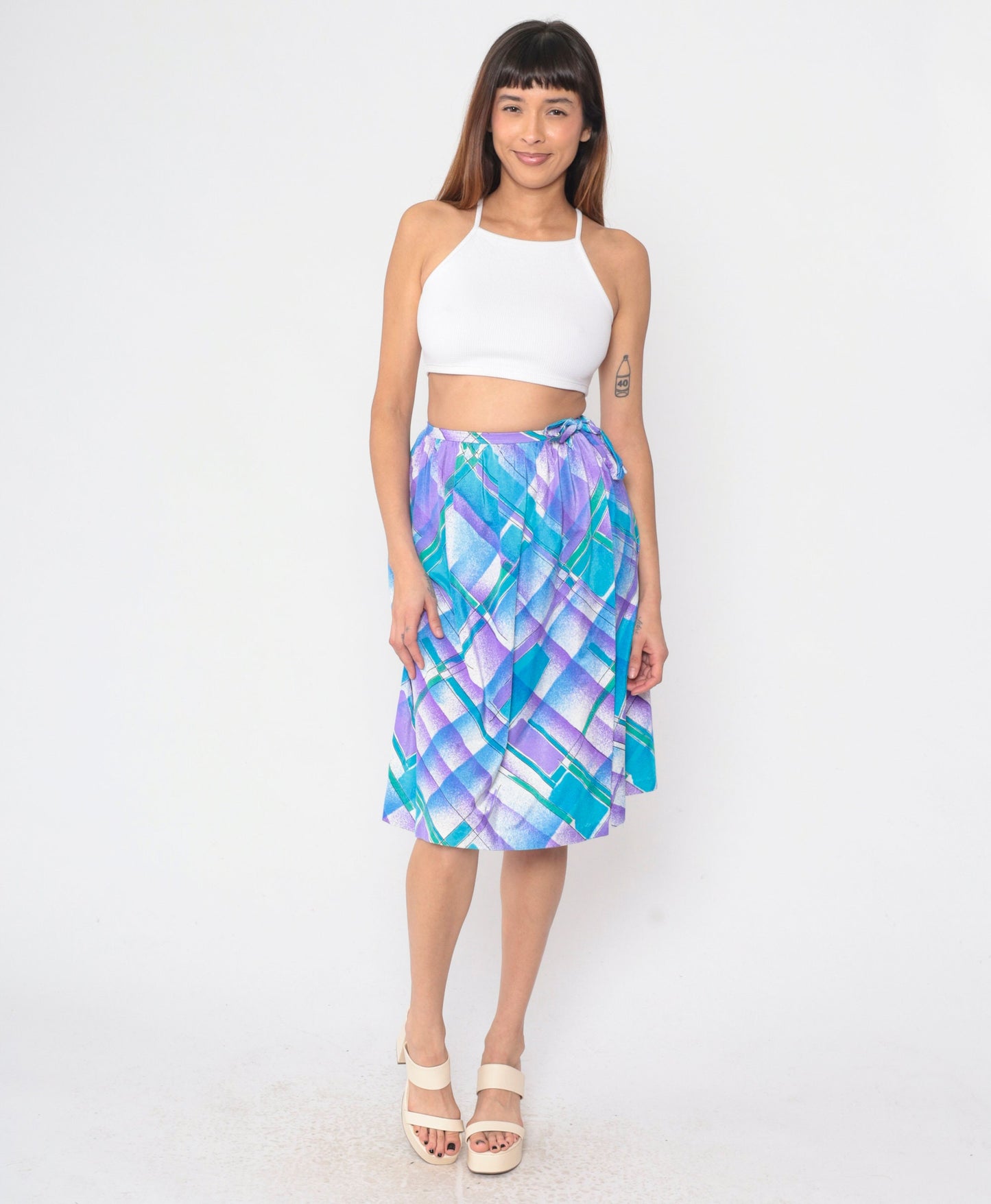 80s Checkered Knee Skirt Blue Purple White Plaid High Waist Tie Small