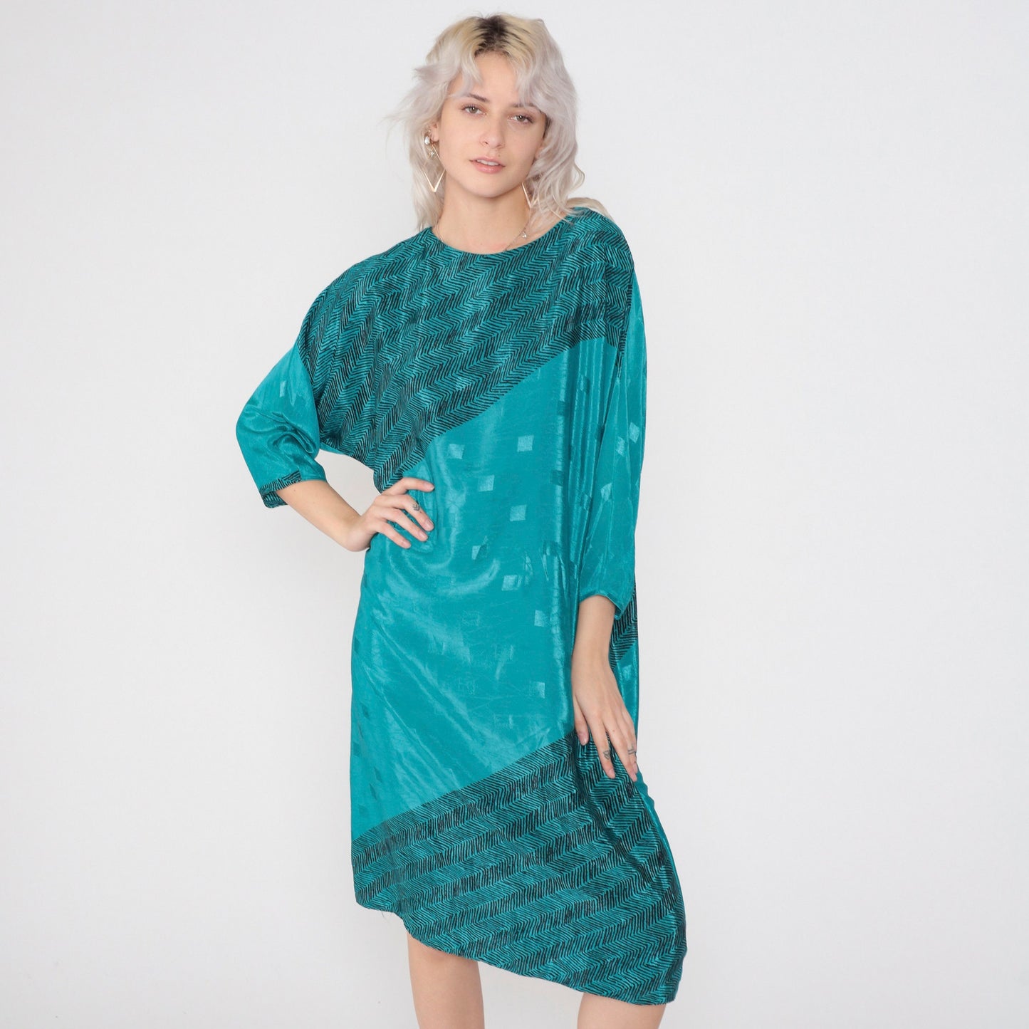 80s Brenner Petites Shiny Green Midi Dress Embossed Zigzag Half Sleeve Medium