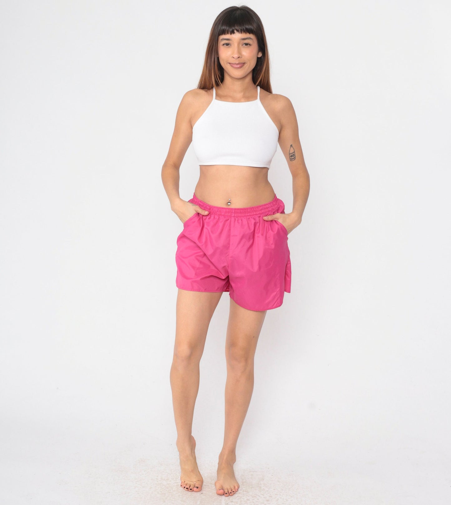 90s Hot Pink Nylon Gym Shorts High Waist Elastic Waist Small Medium