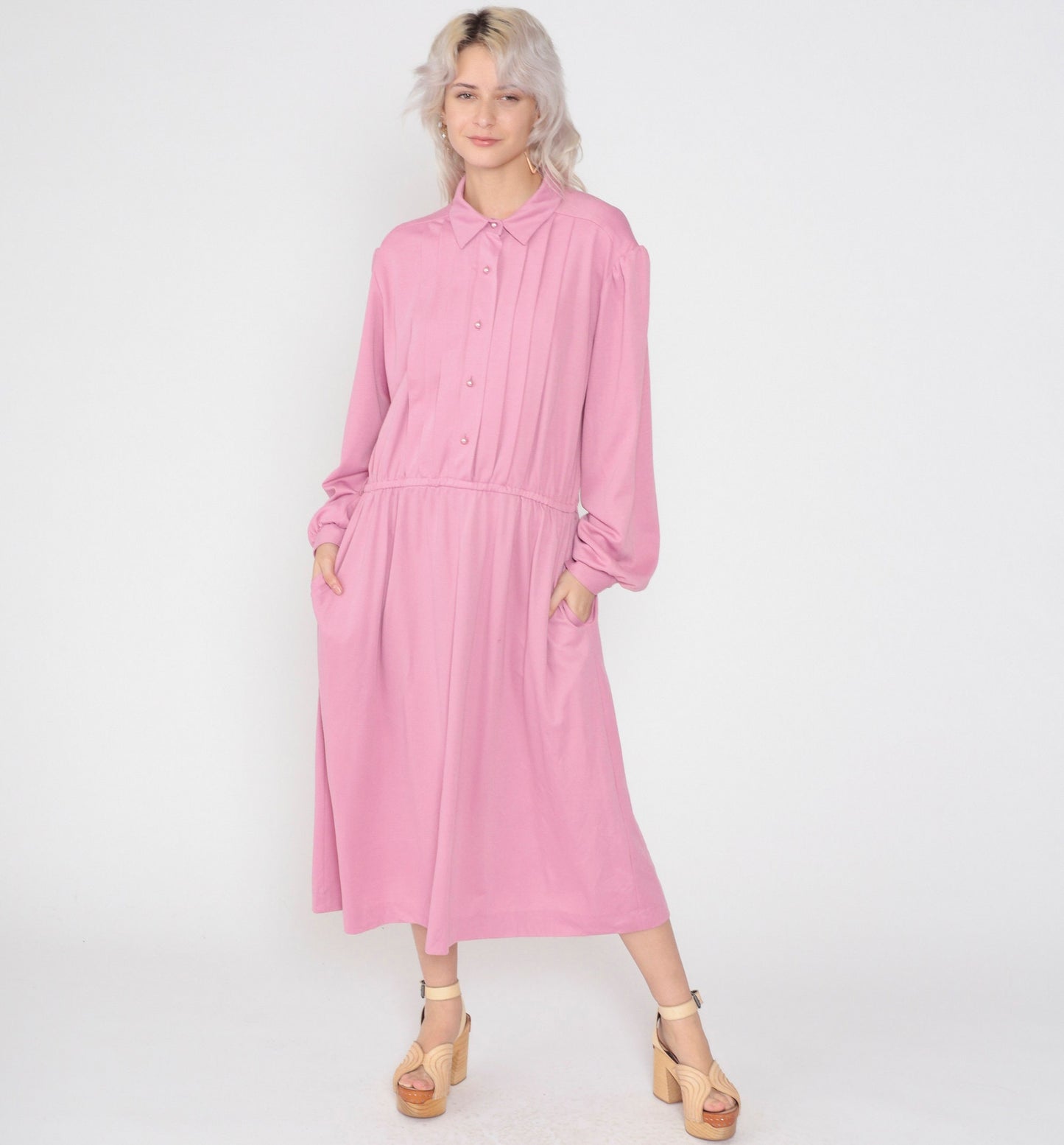80s Pink Shirtwaist Midi Dress Button-Up High Waisted Pleated Plus Size XXL
