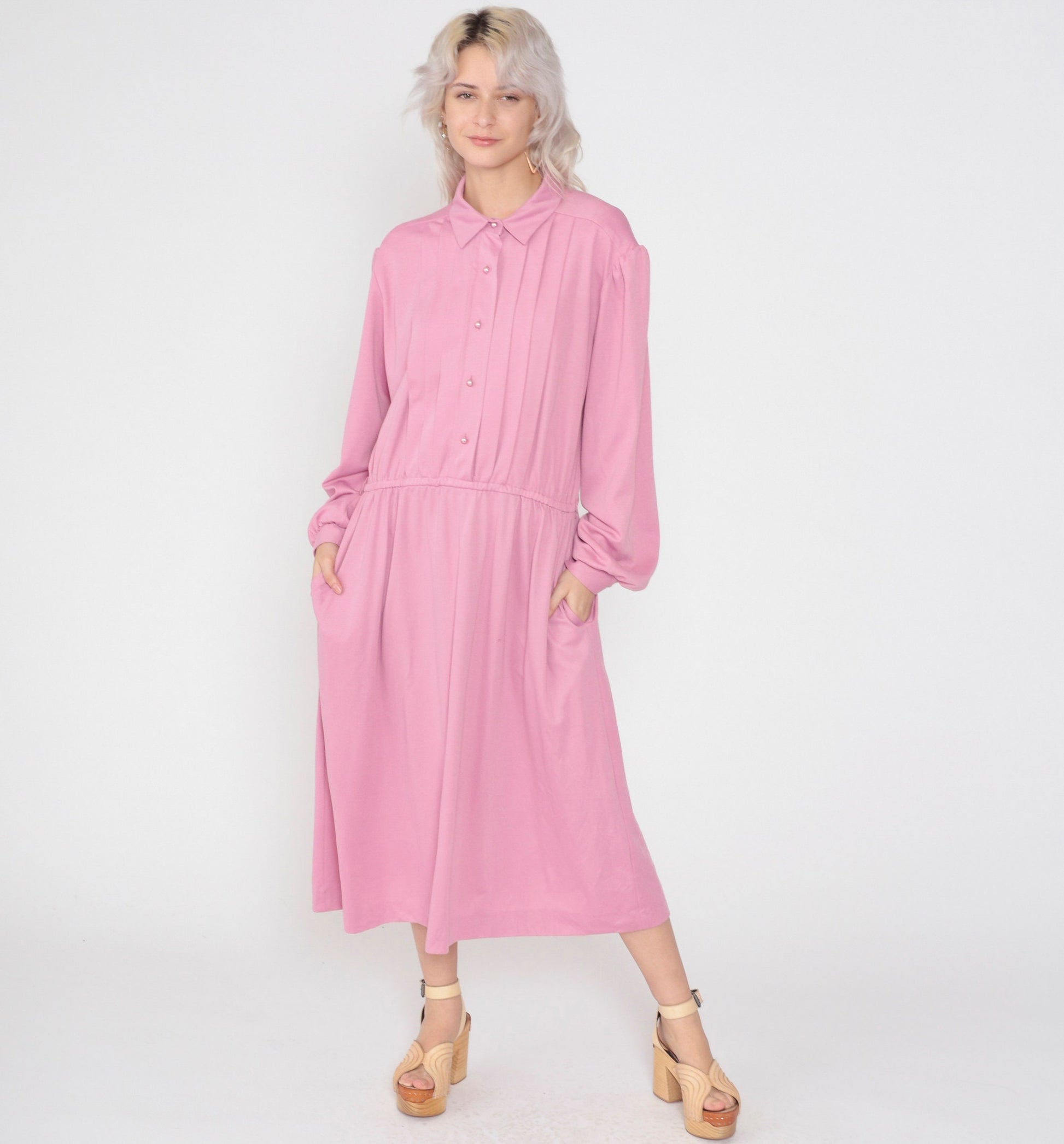 80s Pink Shirtwaist Midi Dress Button-Up High Waisted Pleated Plus Size XXL