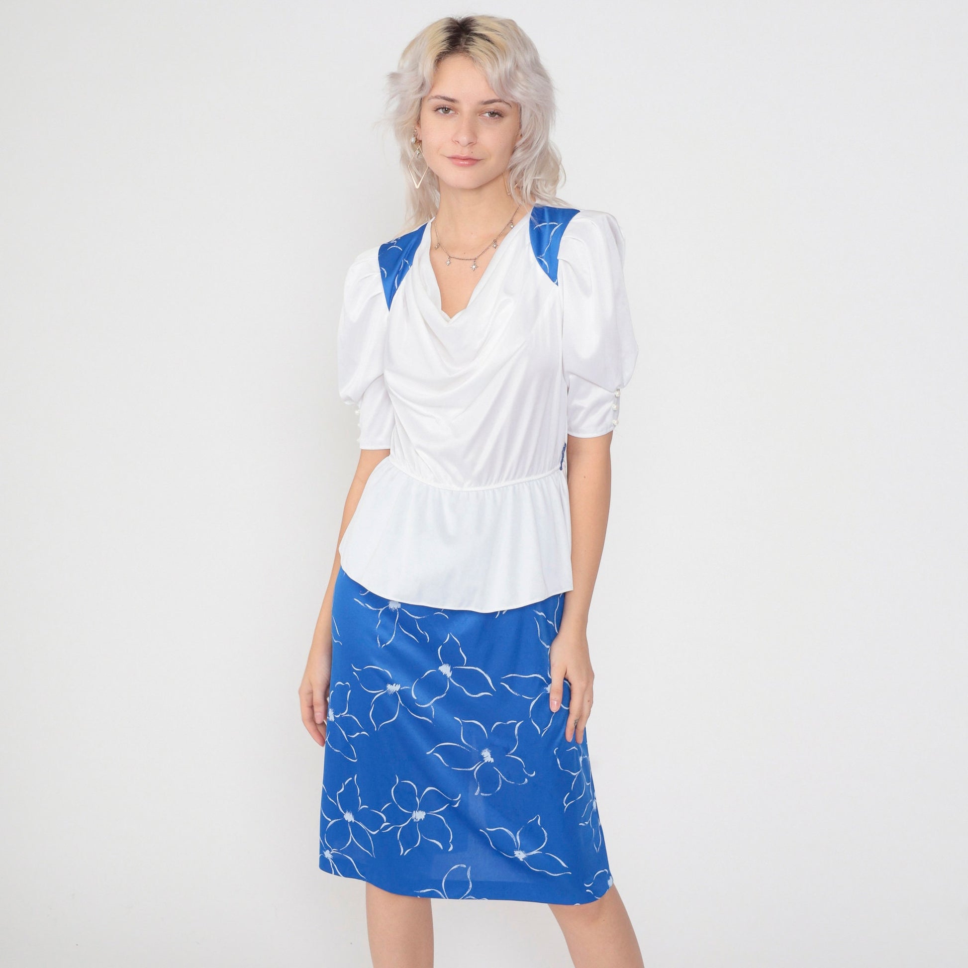 80s Peplum Puff Sleeve Midi Dress White Blue Floral Cowl Neck High Waisted Medium