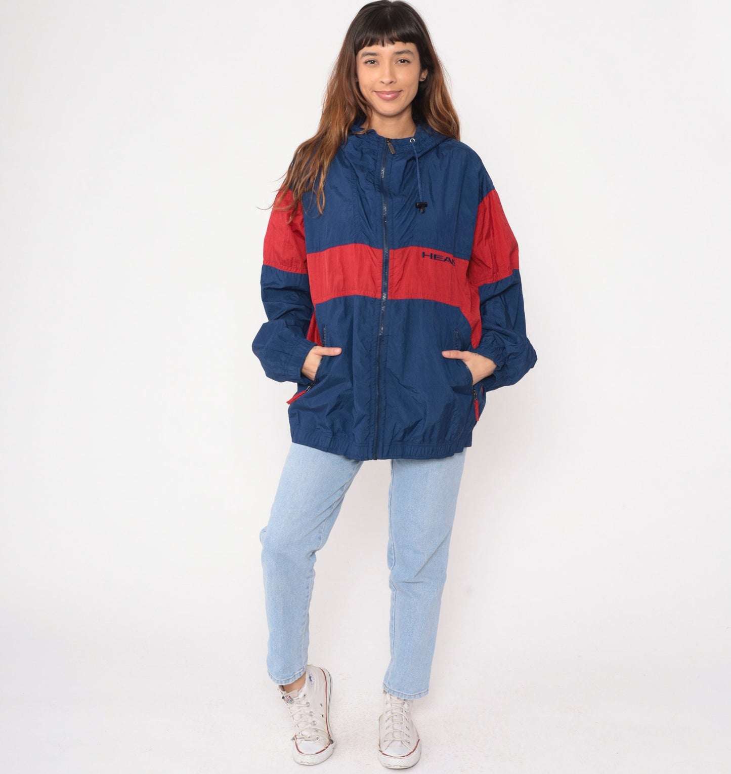 90s Head Hooded Windbreaker Navy Blue Red Color Block Large