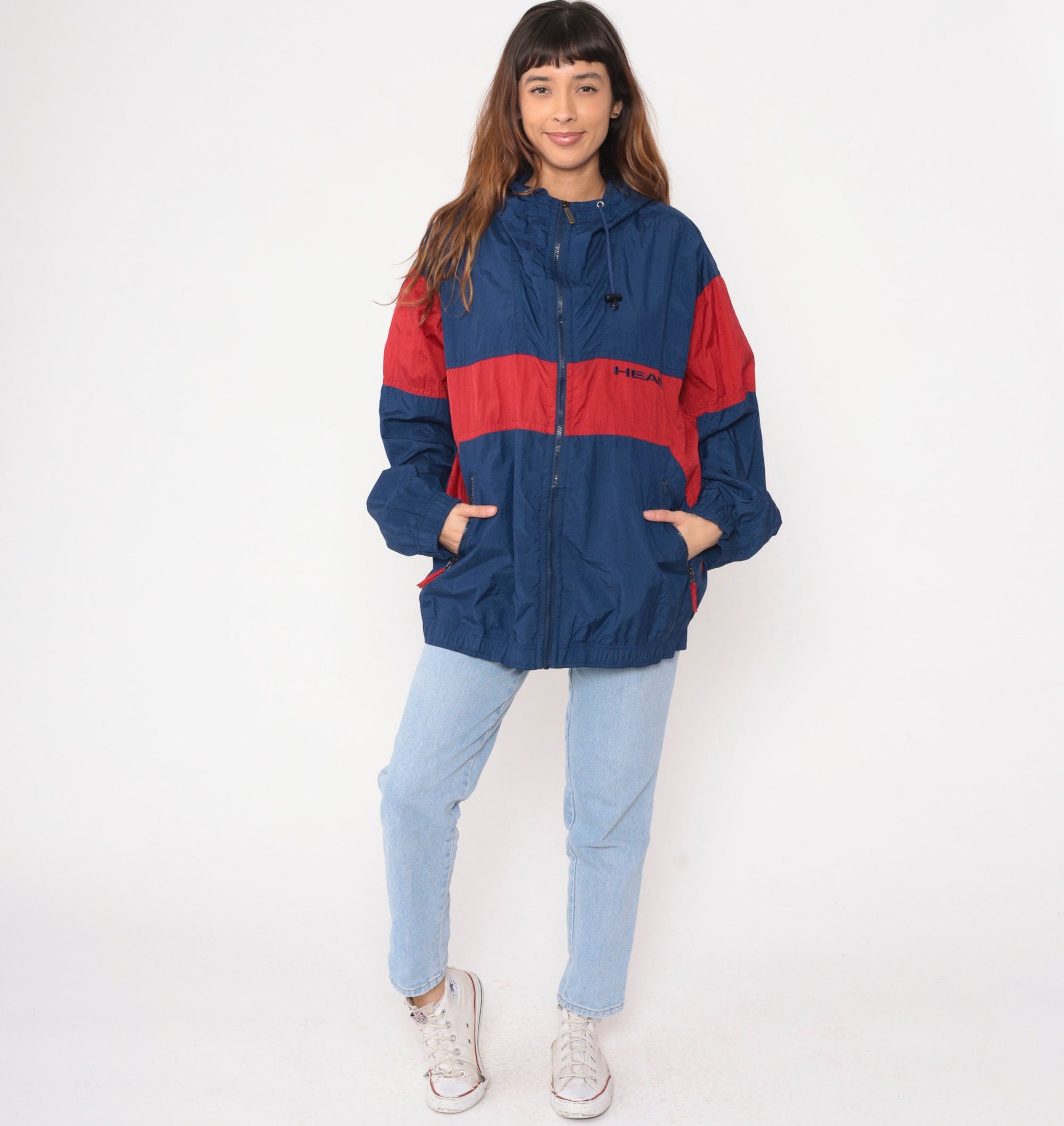 90s Head Hooded Windbreaker Navy Blue Red Color Block Large