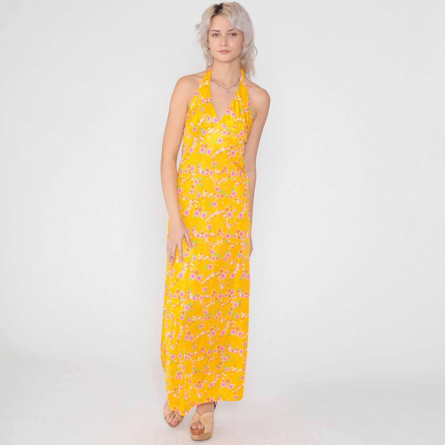 70s Yellow Floral Halter Maxi Dress Empire Waist Backless Extra Small