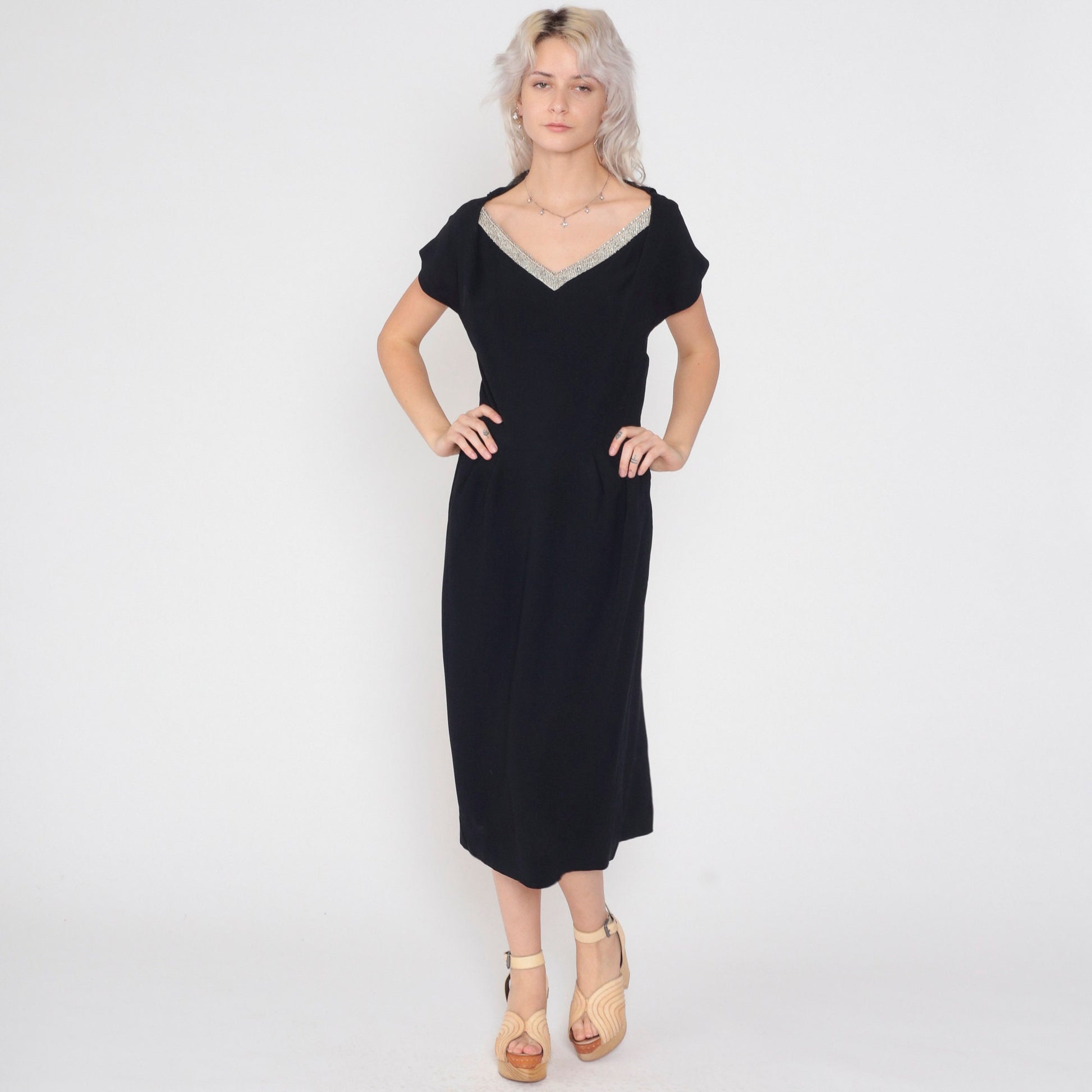 1950s Black Beaded Rhinestone V-Neck Midi Dress Short Sleeve Medium
