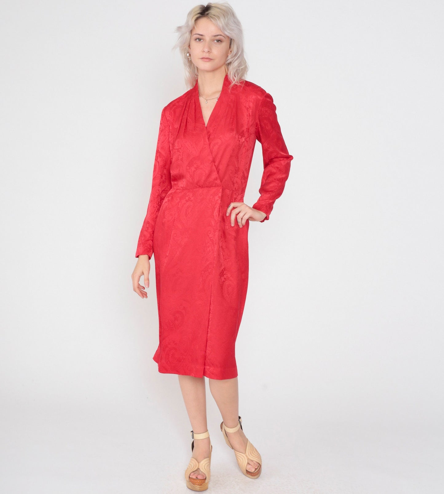 90s Liz Claiborne Red Silk Midi Dress Paisley Embossed V-Neck Faux Wrap Small