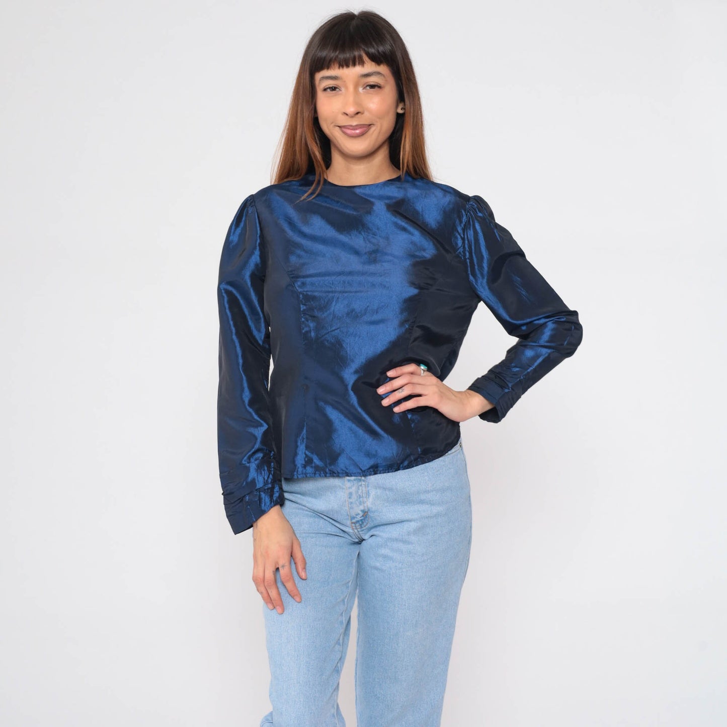 80s Metallic Blue Taffeta Blouse Puff Sleeve Fitted Party Top Medium