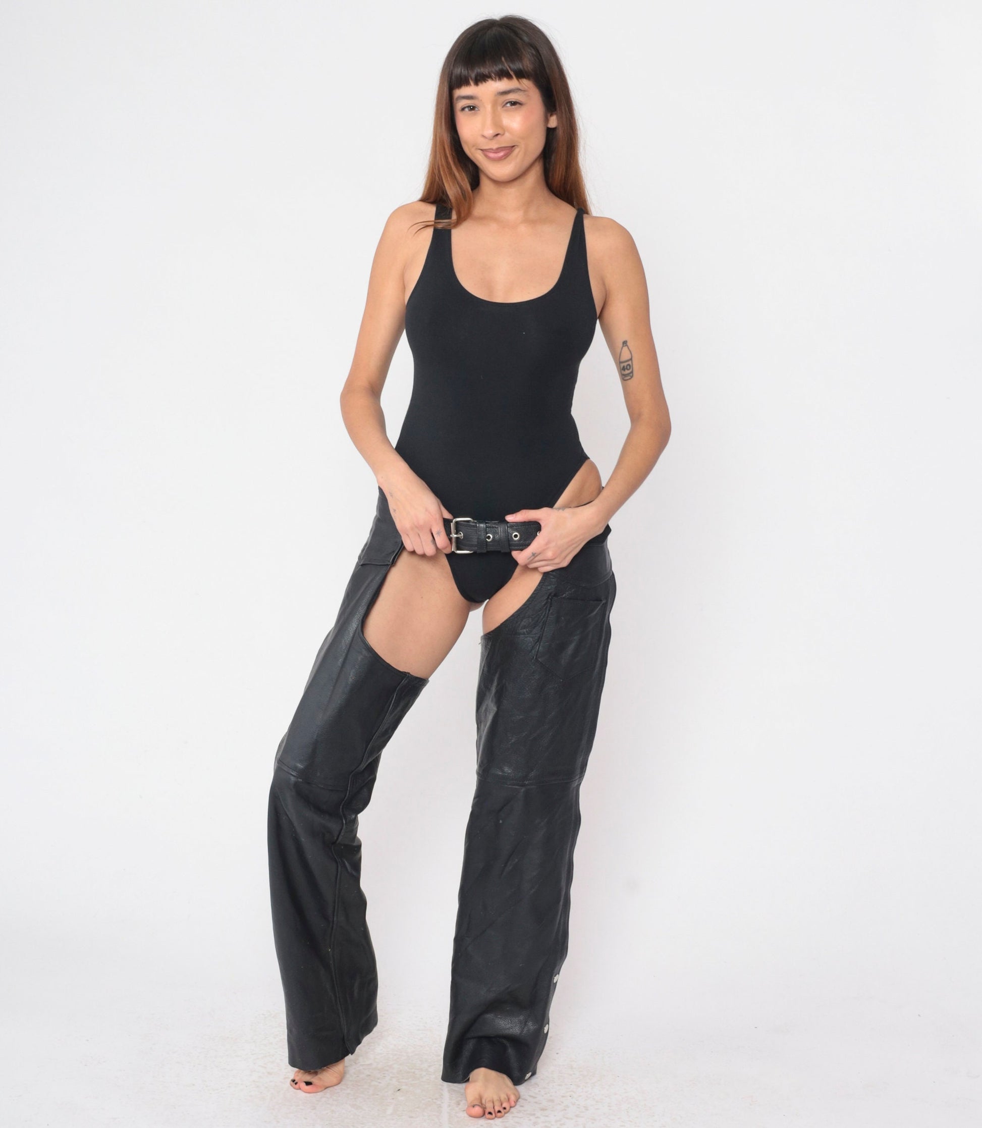 90s Black Leather Assless Chaps Buckle Front Zipper Snap Extra Large XXL