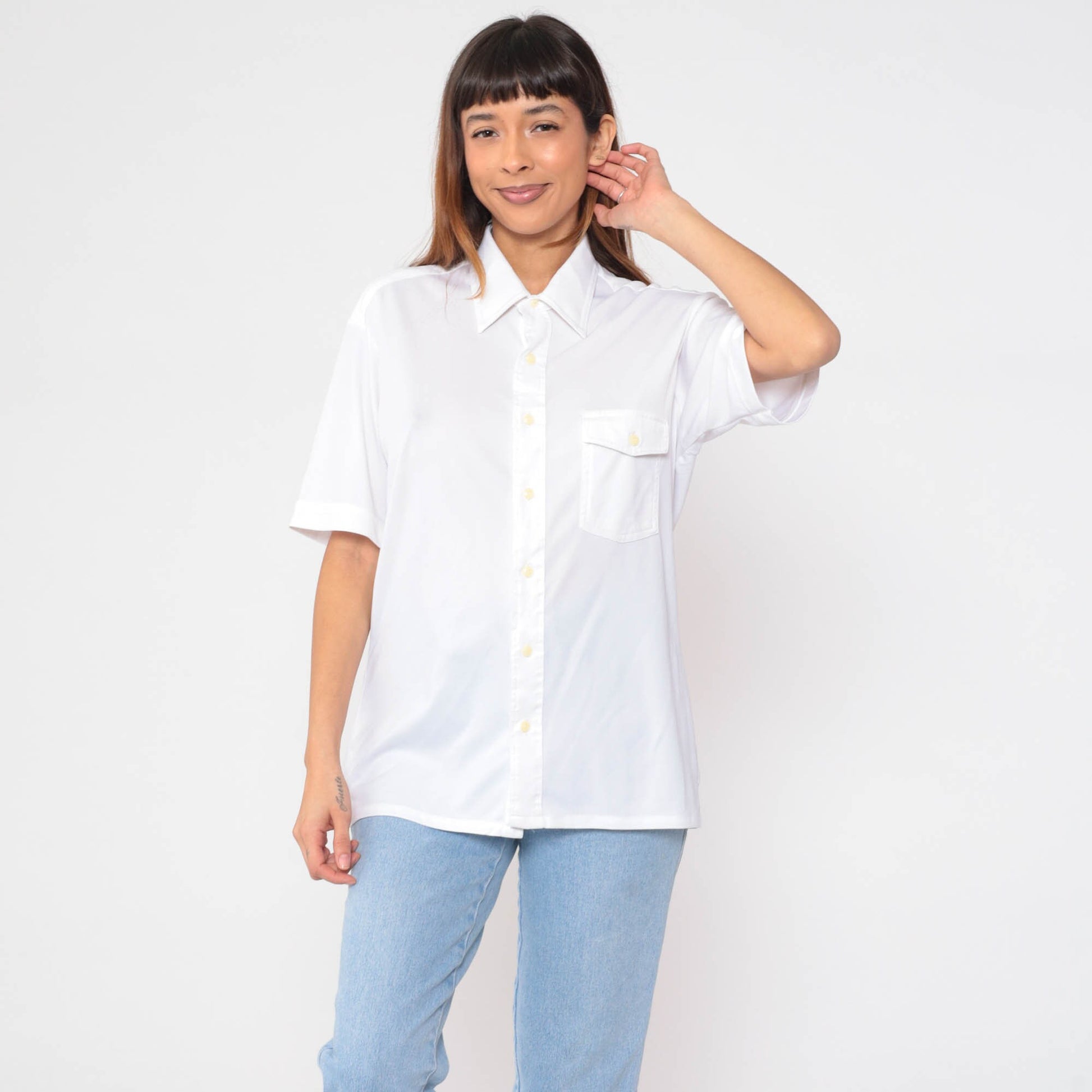 70s Sears White Button-Up Shirt Pointed Collar Utility Pocket Large L