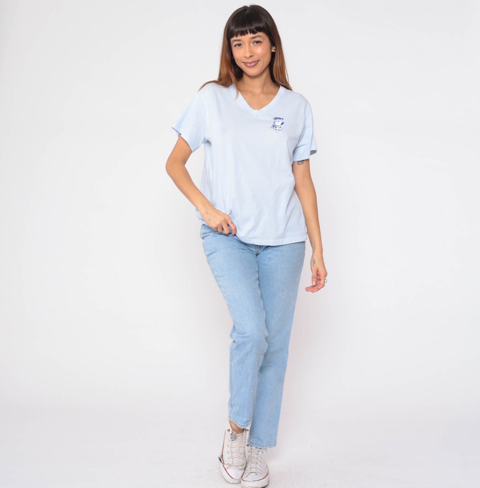 90s Snoopy Peanuts Graphic T-Shirt Baby Blue V-Neck Large L