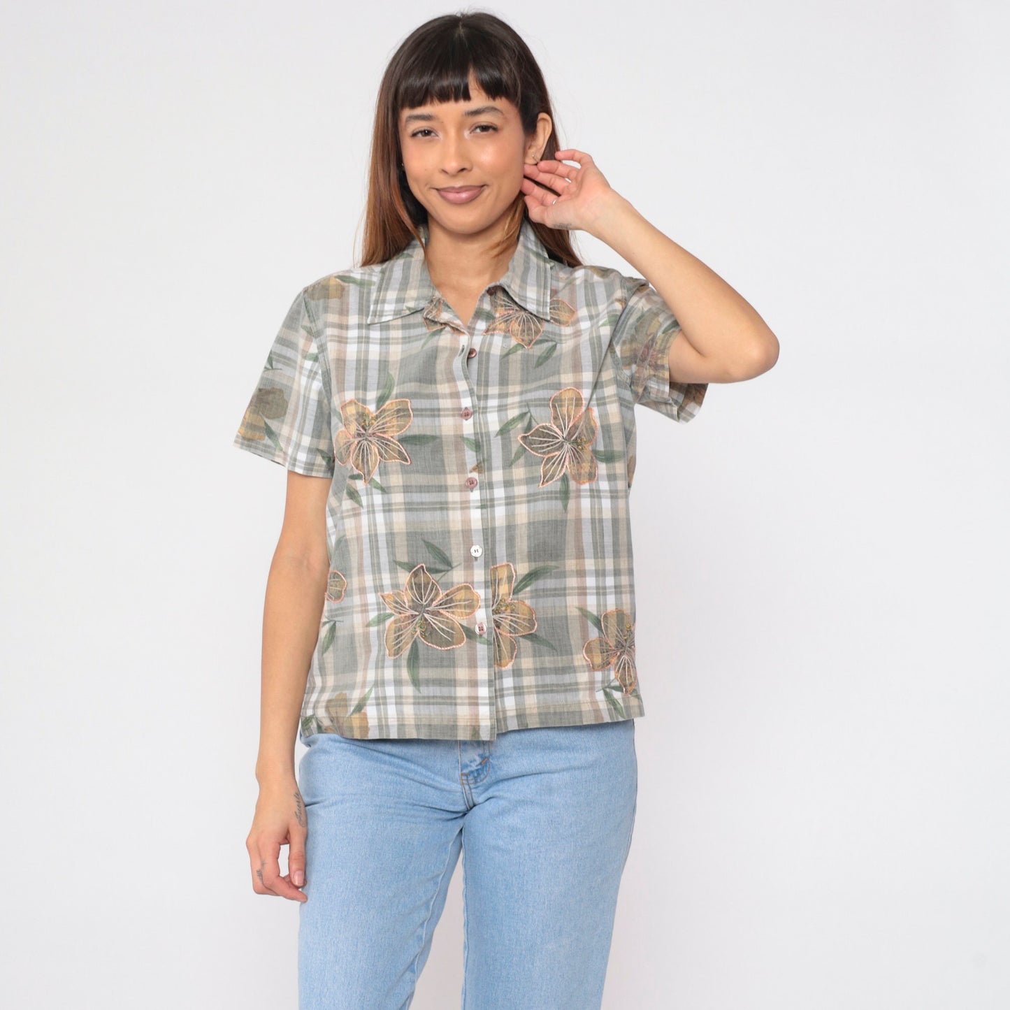 Y2K Plaid Floral Embroidered Button-Up Blouse Cotton Short Sleeve Medium M