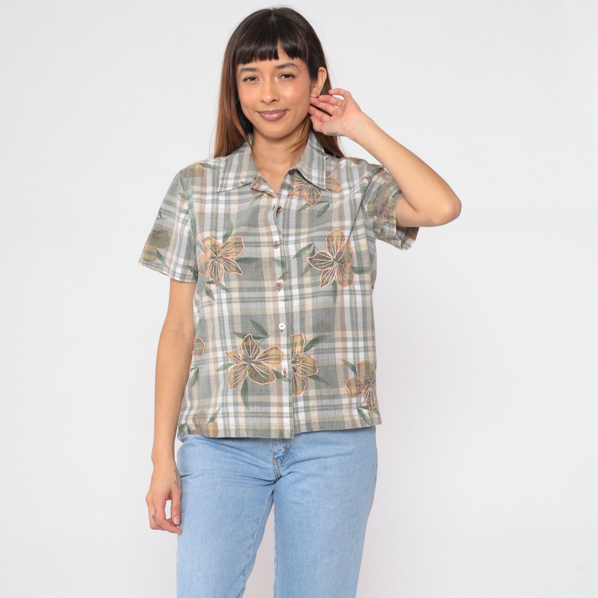 Y2K Plaid Floral Embroidered Button-Up Blouse Cotton Short Sleeve Medium M