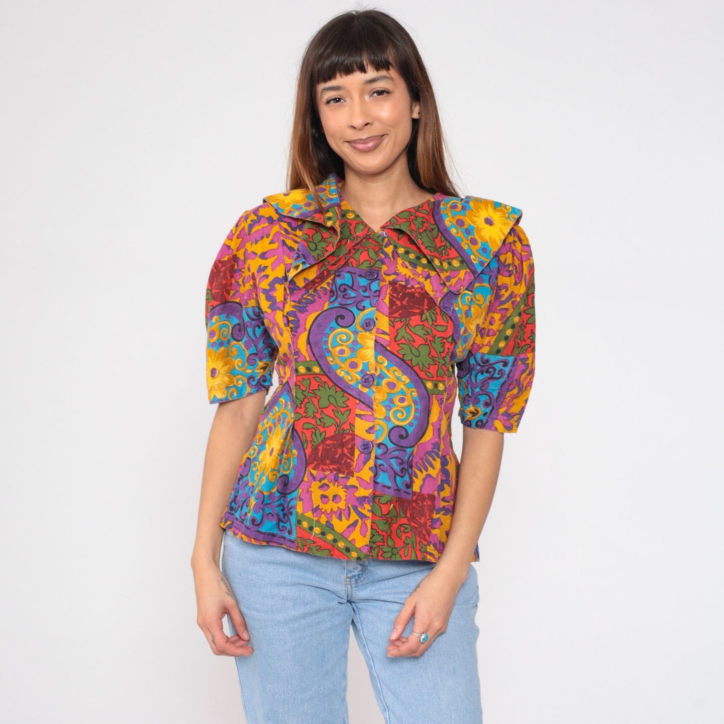 90s Mahudi Floral Cotton Blouse Puff Sleeve Pilgrim Collar Large L