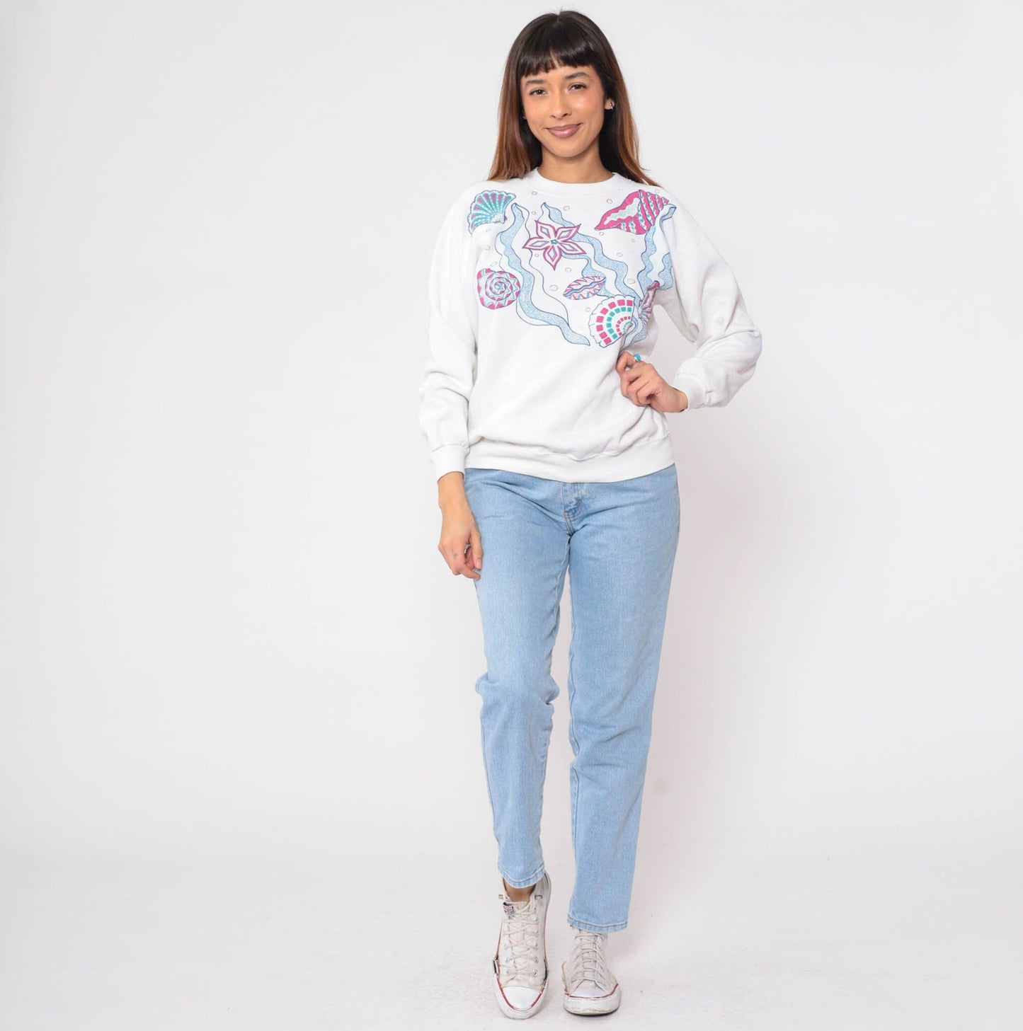 90s Seashell Starfish Sweatshirt White Ocean Graphic Raglan Crewneck Medium