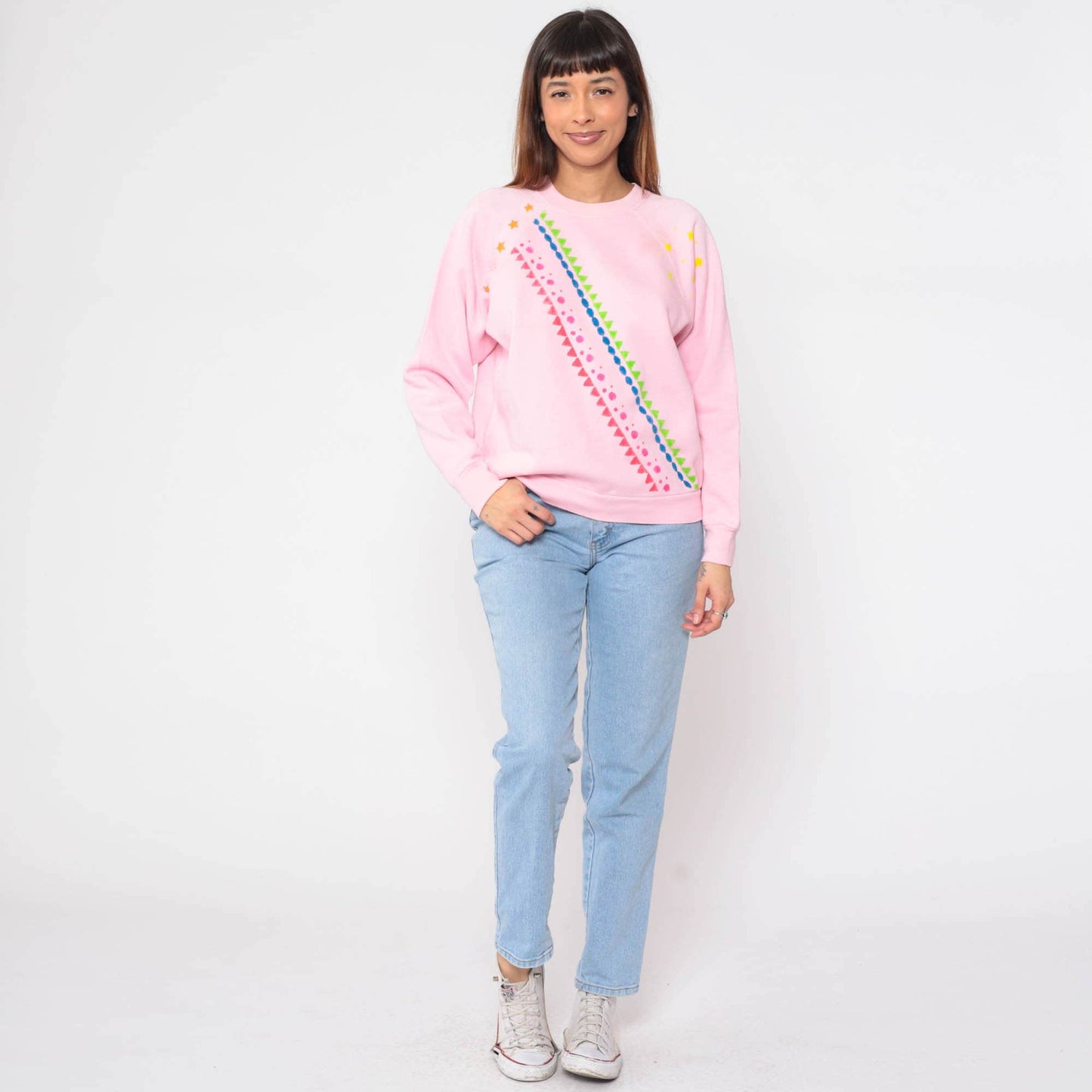 80s Tultex Geometric Star Sweatshirt Baby Pink Painted Crewneck Large L