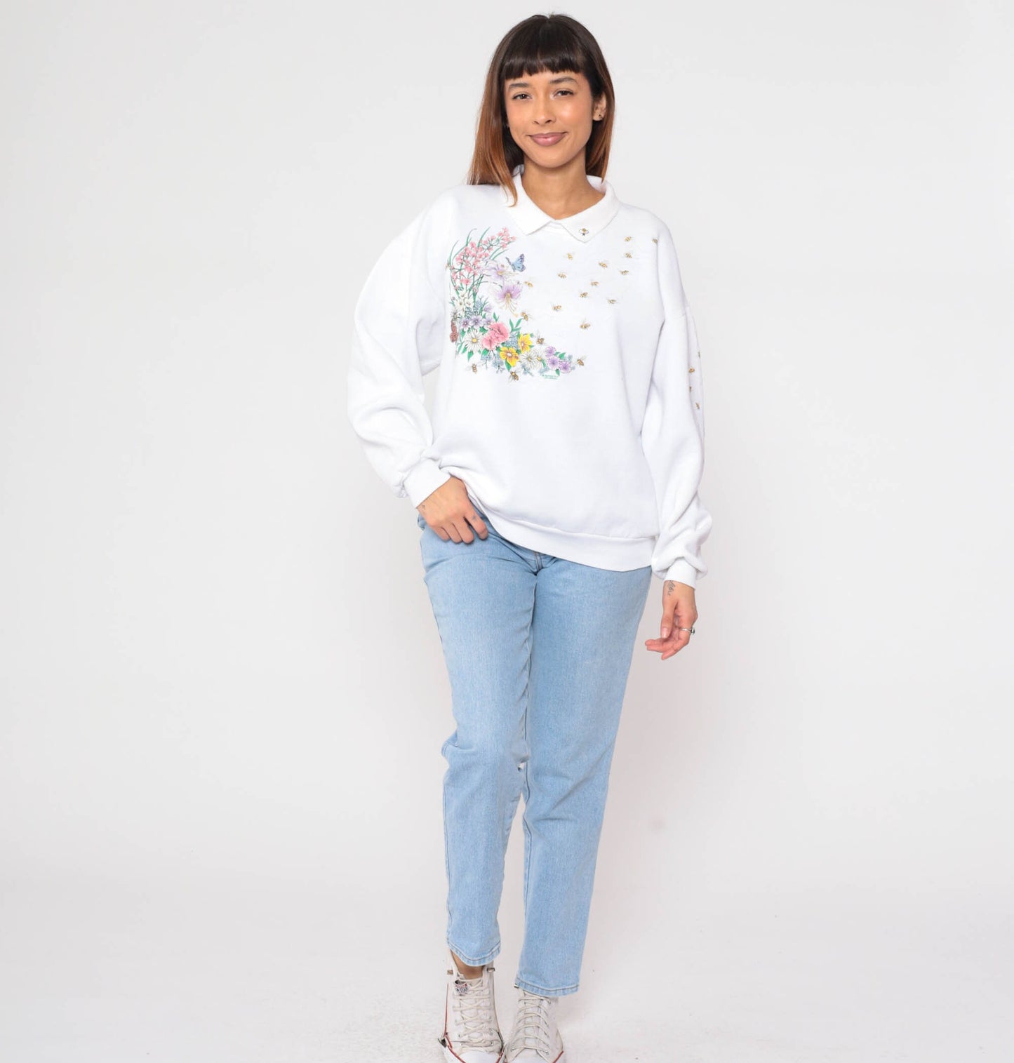 90s Honeybee Floral Butterfly Sweatshirt White Collared Pullover Extra Large XXL