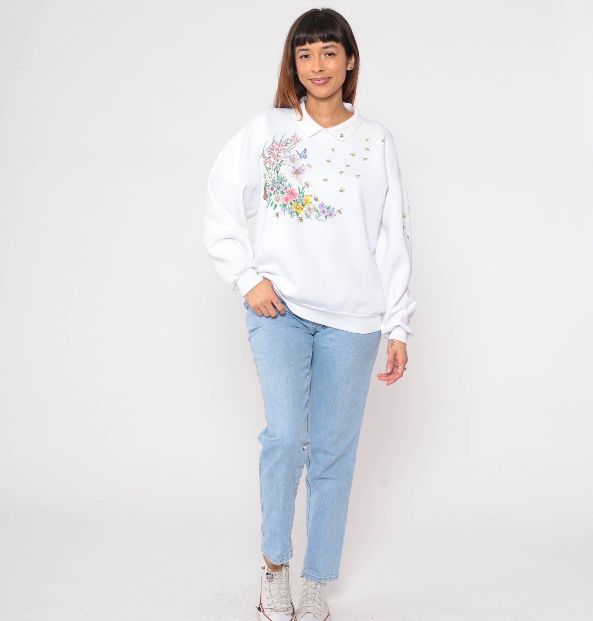 90s Honeybee Floral Butterfly Sweatshirt White Collared Pullover Extra Large XXL
