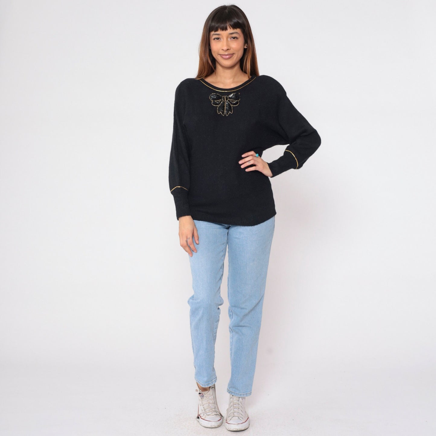 90s Andrea Gayle Black Knit Sweater Sequin Bow Metallic Gold Trim Large L
