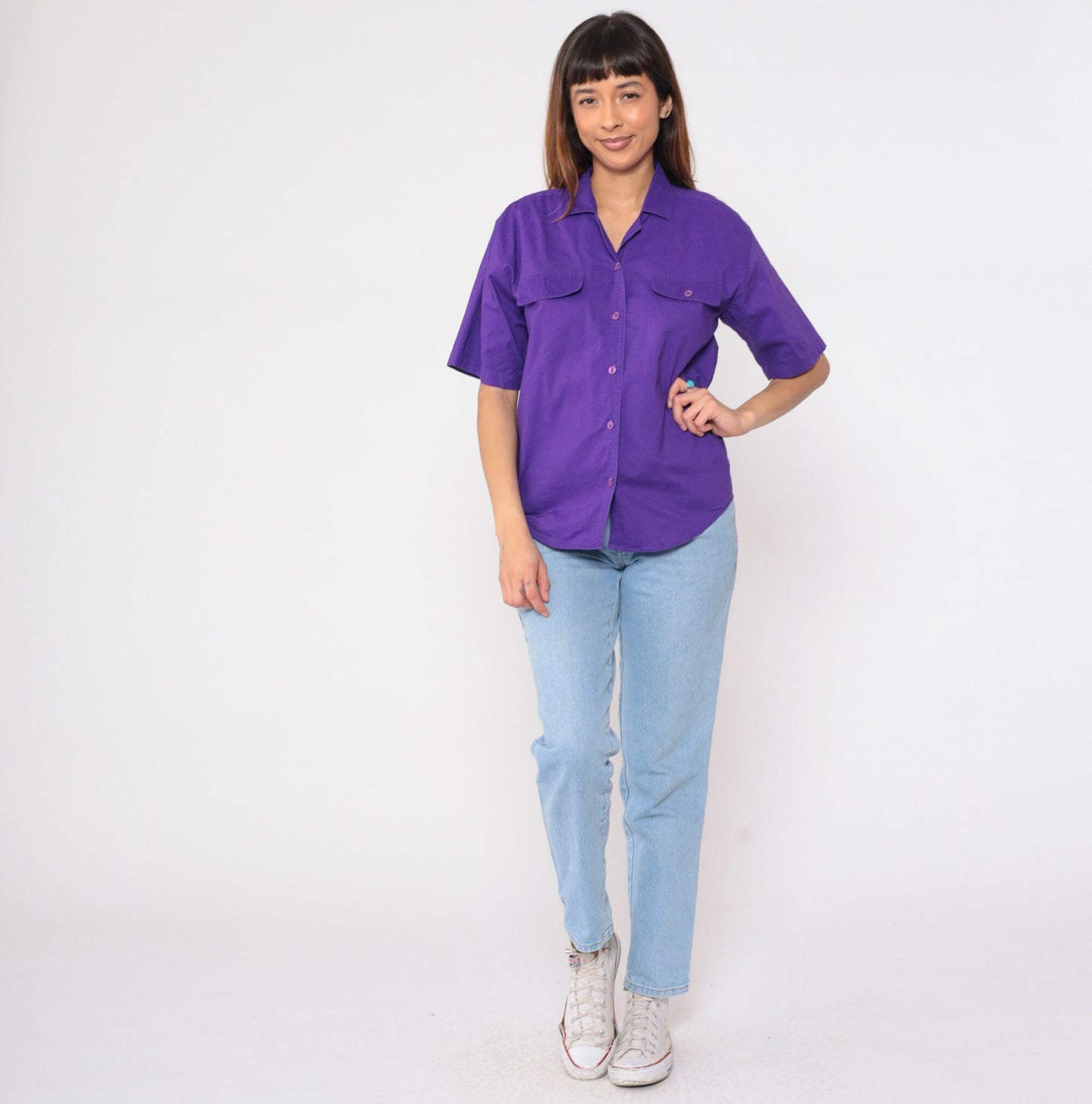 90s Karen Scott Purple Cotton Button-Up Blouse Short Sleeve Chest Pocket Medium