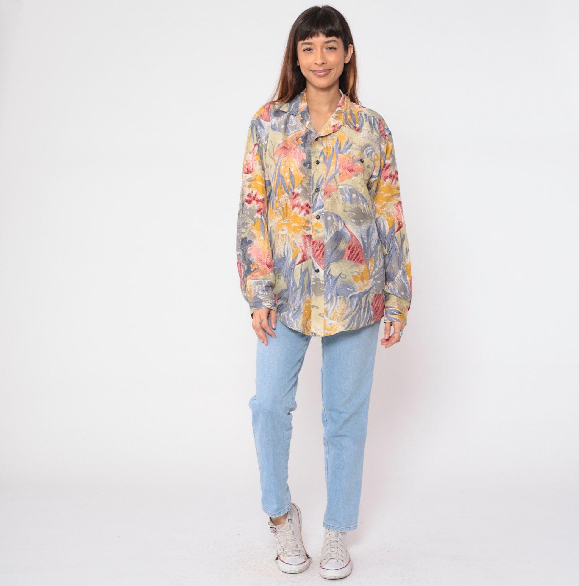 90s Fish Print Silk Button-Up Shirt Ocean Long Sleeve Medium M